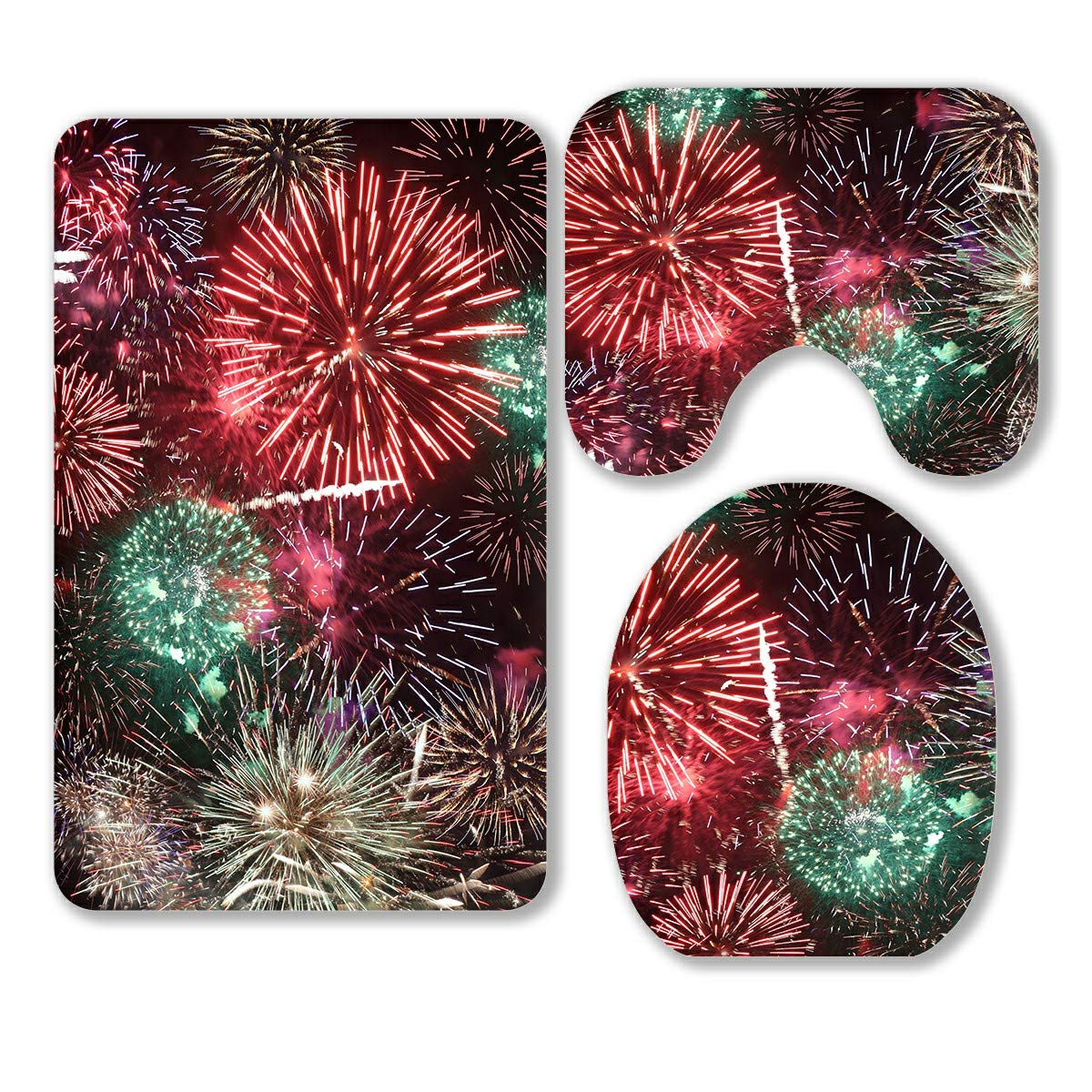 ECZJNT Colorful Fireworks Over Night Sky 3-Piece Bathroom Rug Set - Soft Non-Slip Bath Mat, Contour Mat & Toilet Lid Cover - Perfect for Bathroom Decor, Guest Rooms & Cozy Home Upgrades
