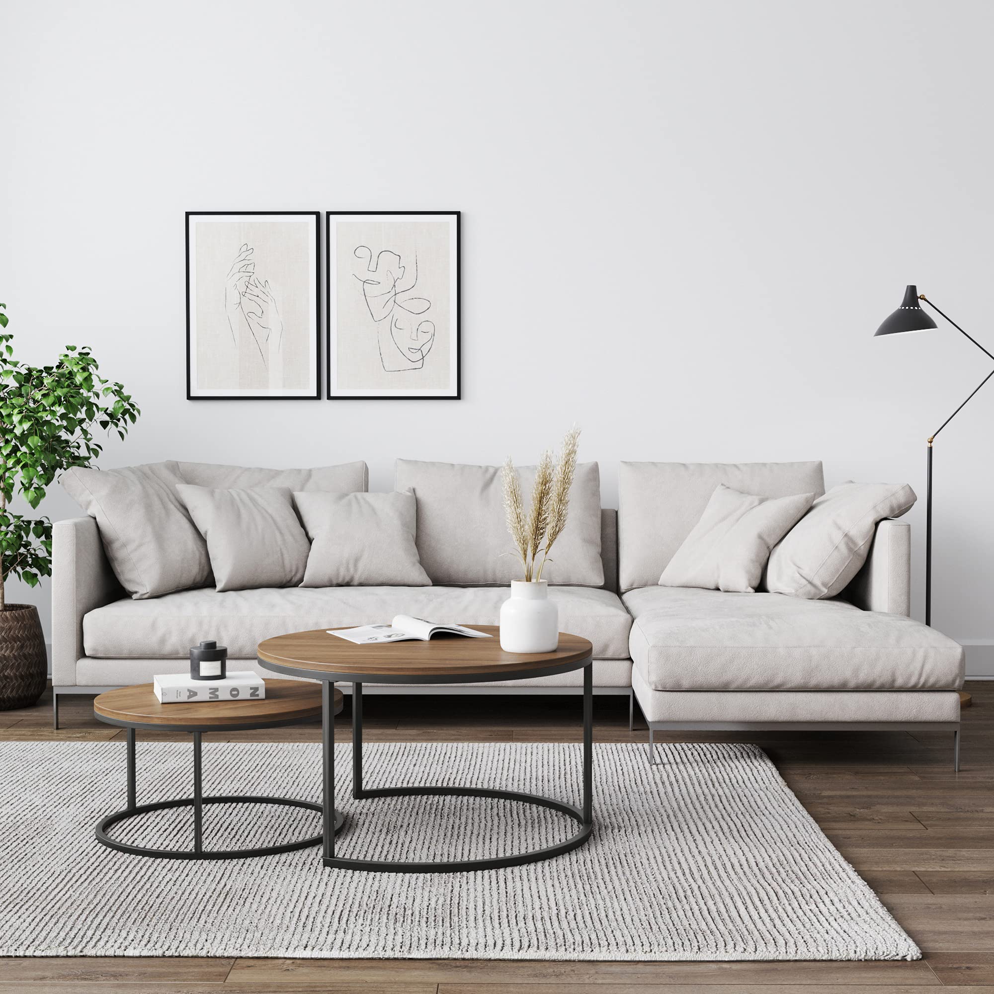 Nathan James Stella Round Modern Nesting Coffee Tables (Set of 2) - Stackable Living Room Accent Tables with Reclaimed Oak Tabletops & Matte Gunmetal Frame - Perfect for Small Spaces, Apartments and Cozy Living Rooms