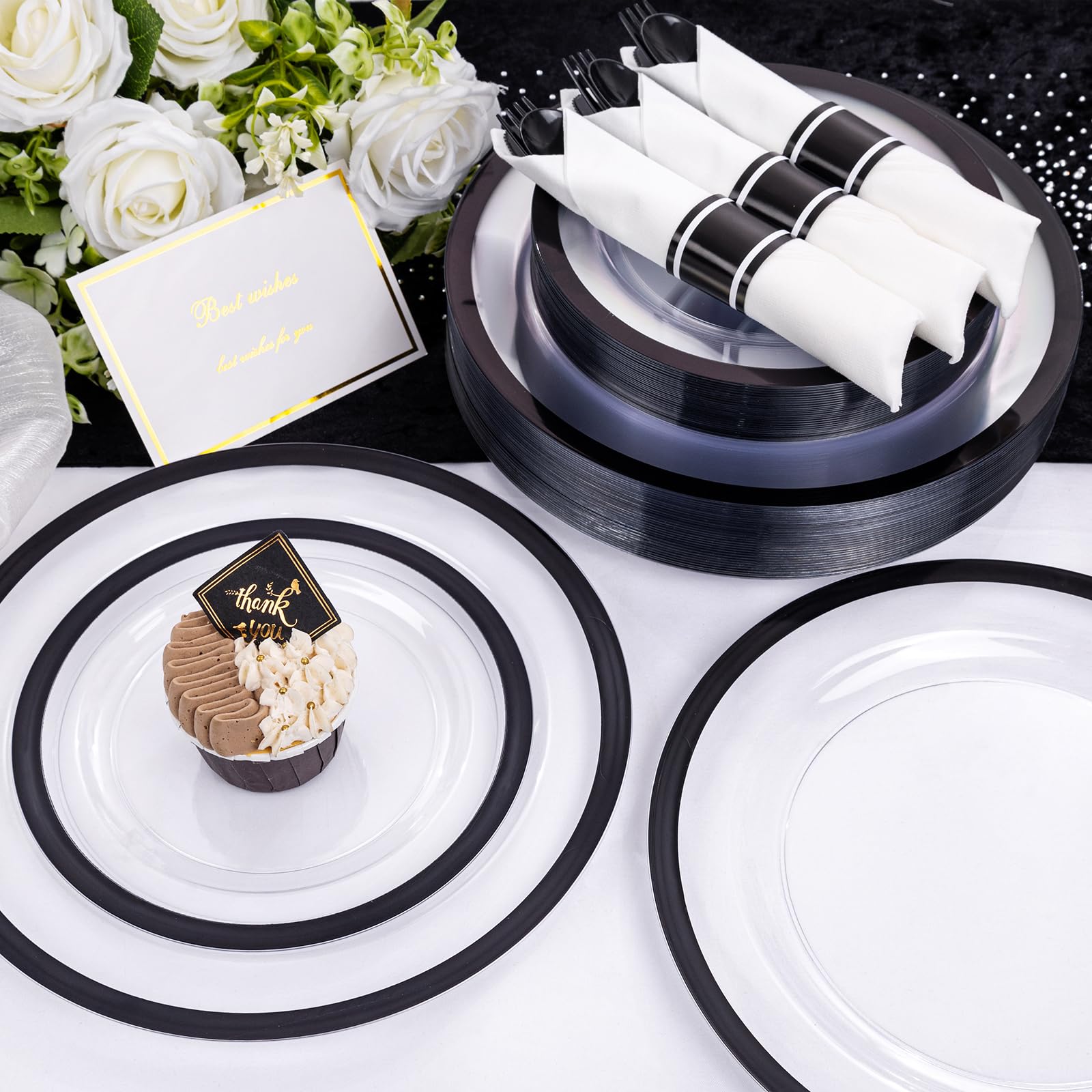 210-Piece Clear & Black Disposable Plastic Plates Set - 30 Dinner Plates, 30 Dessert Plates, 30 9oz Cups & 30 Pre-Rolled Napkins with Cutlery for New Year Parties, Birthday Celebrations & Family Gatherings