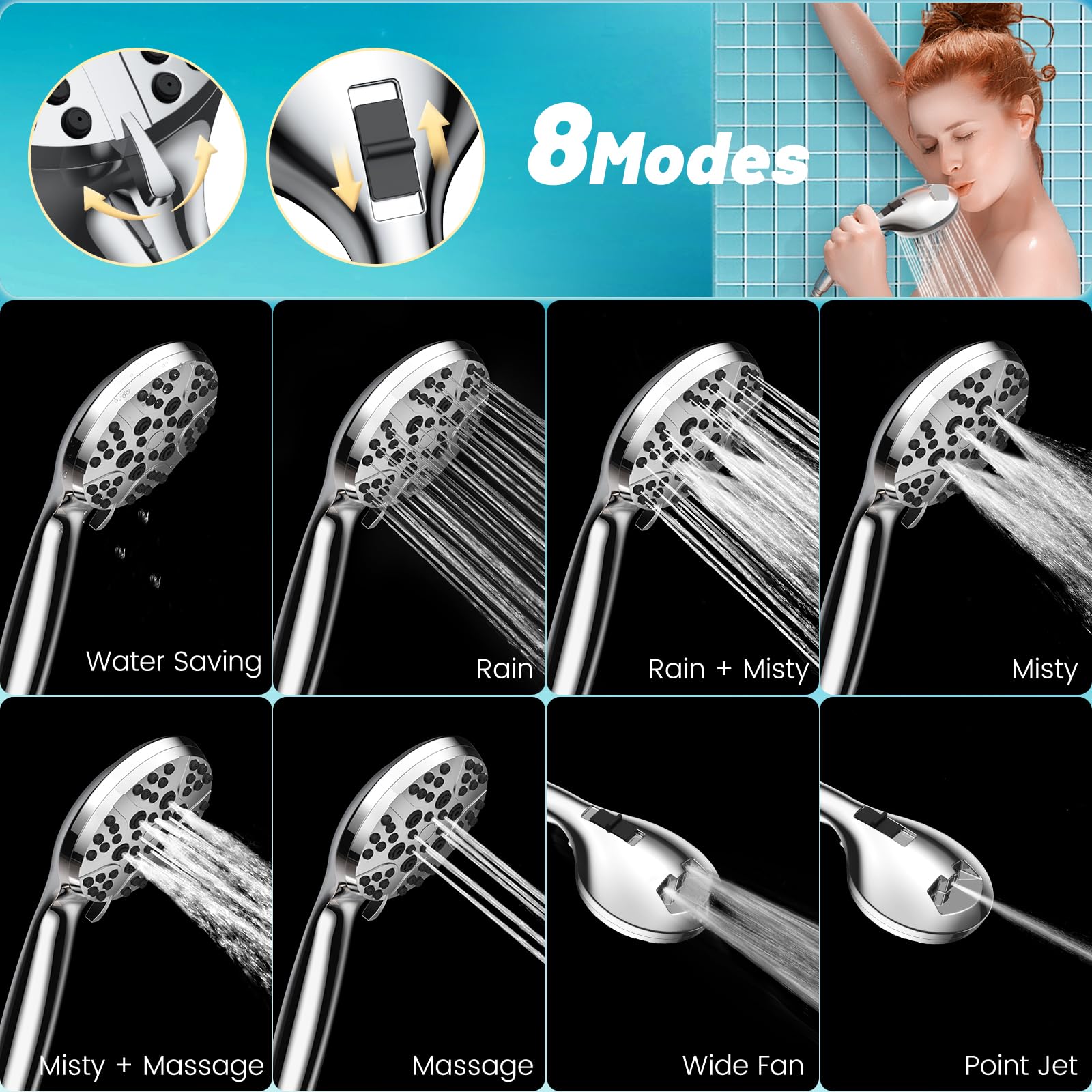 FASDUNT High Pressure Shower Head with 6 Spray Modes - Water Saving Rainfall Showerhead for Bathroom, Spa, and Relaxation - Perfect for Home, Hotel, and Gym Use