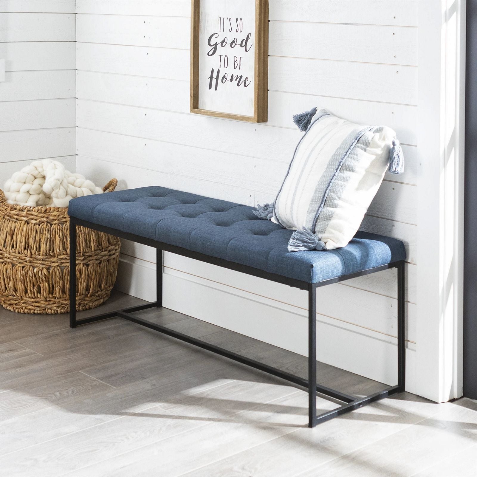Woodstockâ¢ Blue Fabric Relax Bench with Sturdy Black Metal Frame - Perfect for Patio, Garden, or Entryway Seating