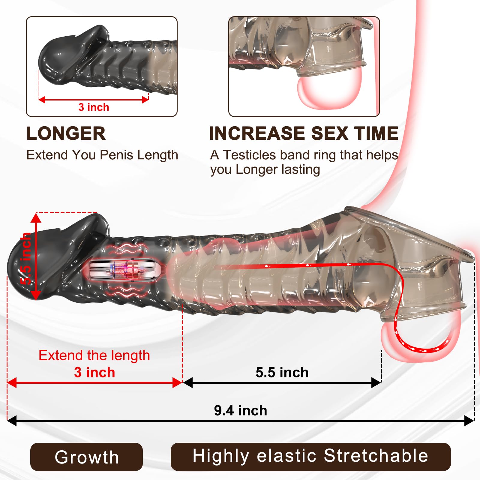 Realistic Soft Penis Sleeve Extender with Vibrator & Cock Ring - Reusable Male Enhancement Sex Toy for Couples, 2 & 3 Inch Sizes - Enhance Intimacy & Pleasure in Bedroom Play