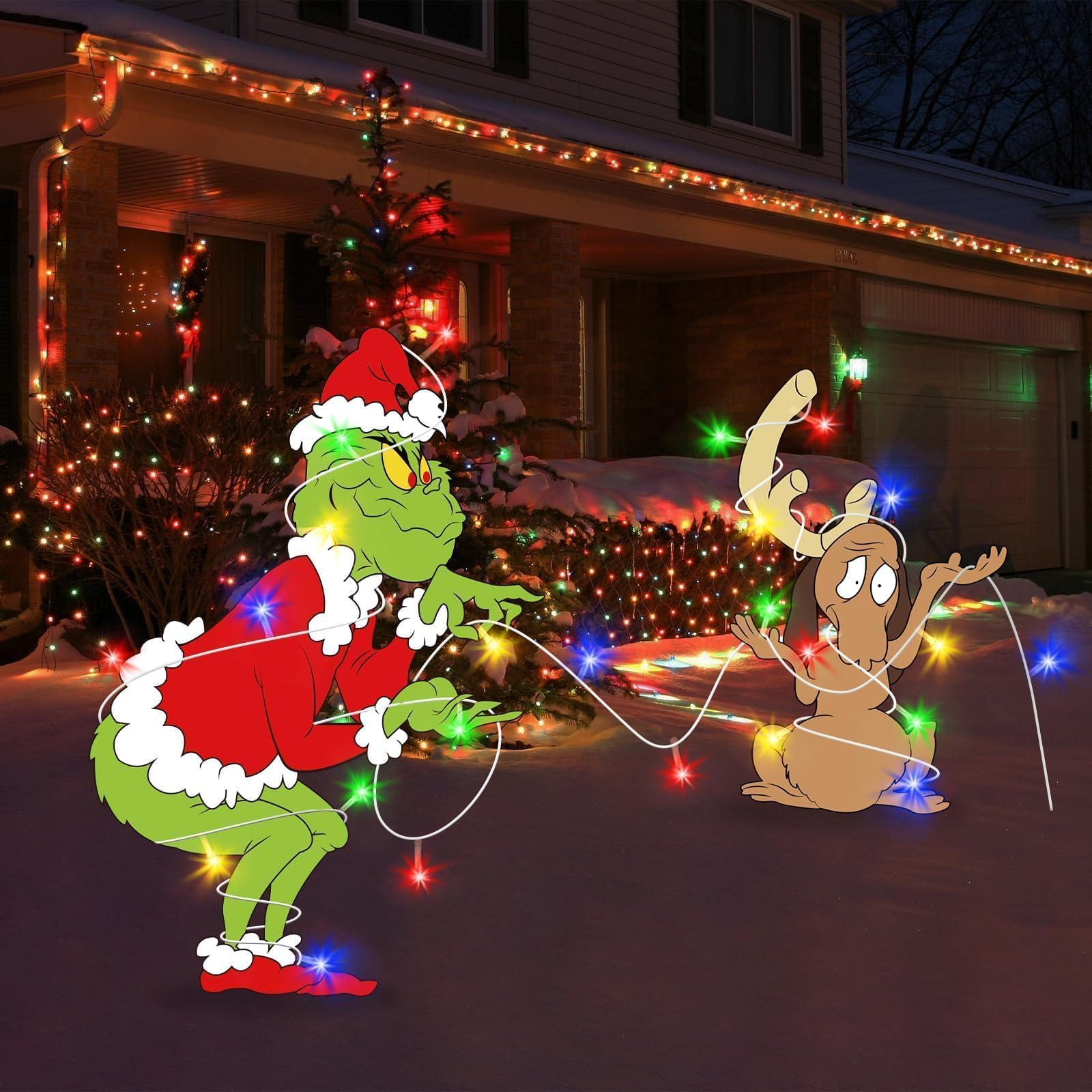 2pcs Green Couple Gnome Christmas Yard Decorations with LED String Lights & Stakes - Outdoor Holiday Lawn & Garden Decor for Christmas, Patio, Front Yard & Backyard Lighting