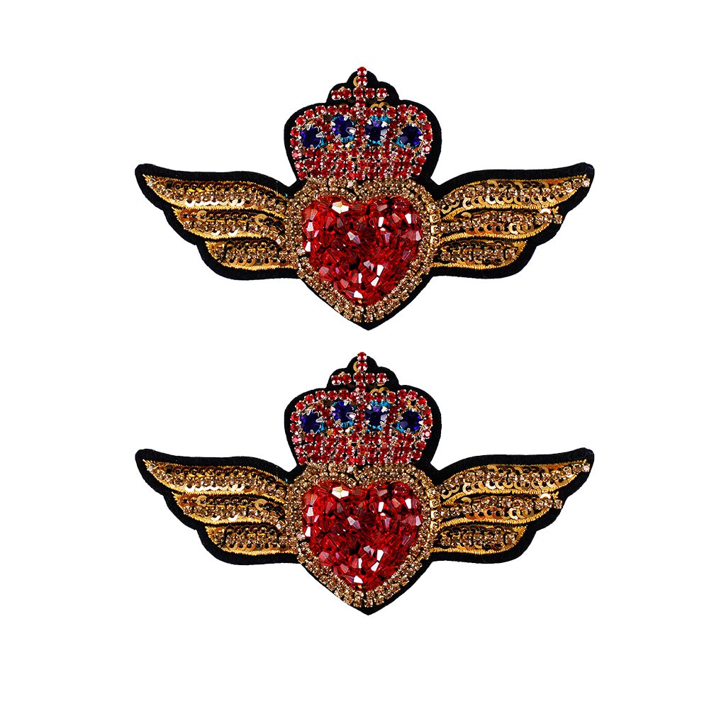 1 Set Handmade Beads Rhinestones Love Hands Heart Crown Wing Patch Applique for DIY Clothes Sewing - Garment & Bag Decoration Supply (TH1052, 1049 Wing Heart 2pc) - Perfect for Costume Design, Fashion Accessories & Craft Projects