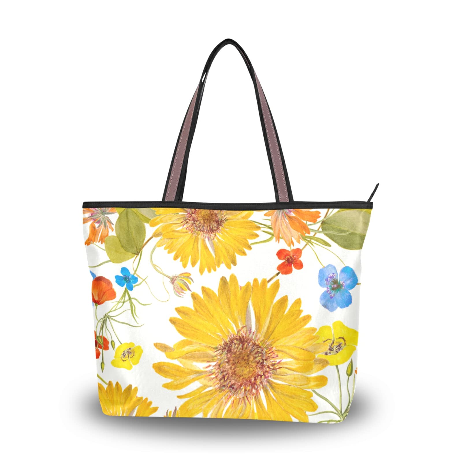 Sunflower Painting Tote Bag - Large Capacity Zippered Women's Grocery Bag Purse (2 Sizes) | Aesthetic Canvas Shopping Bag for Daily Use, Beach, Work & Travel