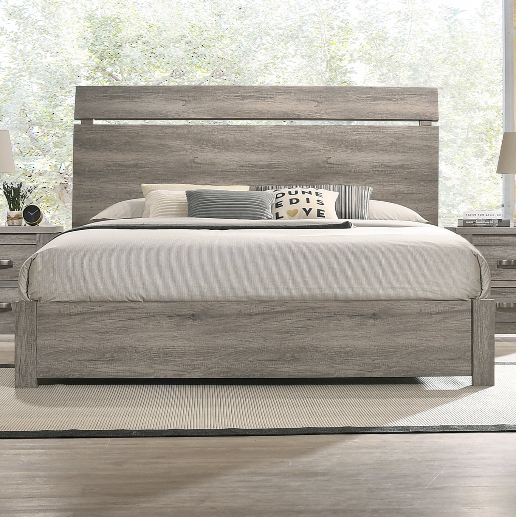 Floren Contemporary Weathered Gray Wood Panel Bed - Queen Size Modern Farmhouse Bed Frame with Headboard - Perfect for Master Bedroom, Guest Room & Rustic Home Decor