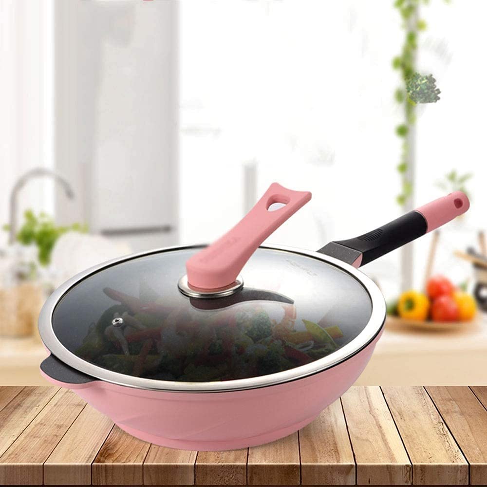 Non-Stick Sauté Pan with Lid - 32cm Stainless Steel Wok for Induction & Gas Hobs - Large Frying Pan with Cover - Perfect for Stir-Frying, Sautéing & Cooking Asian Dishes - Pink Kitchenware