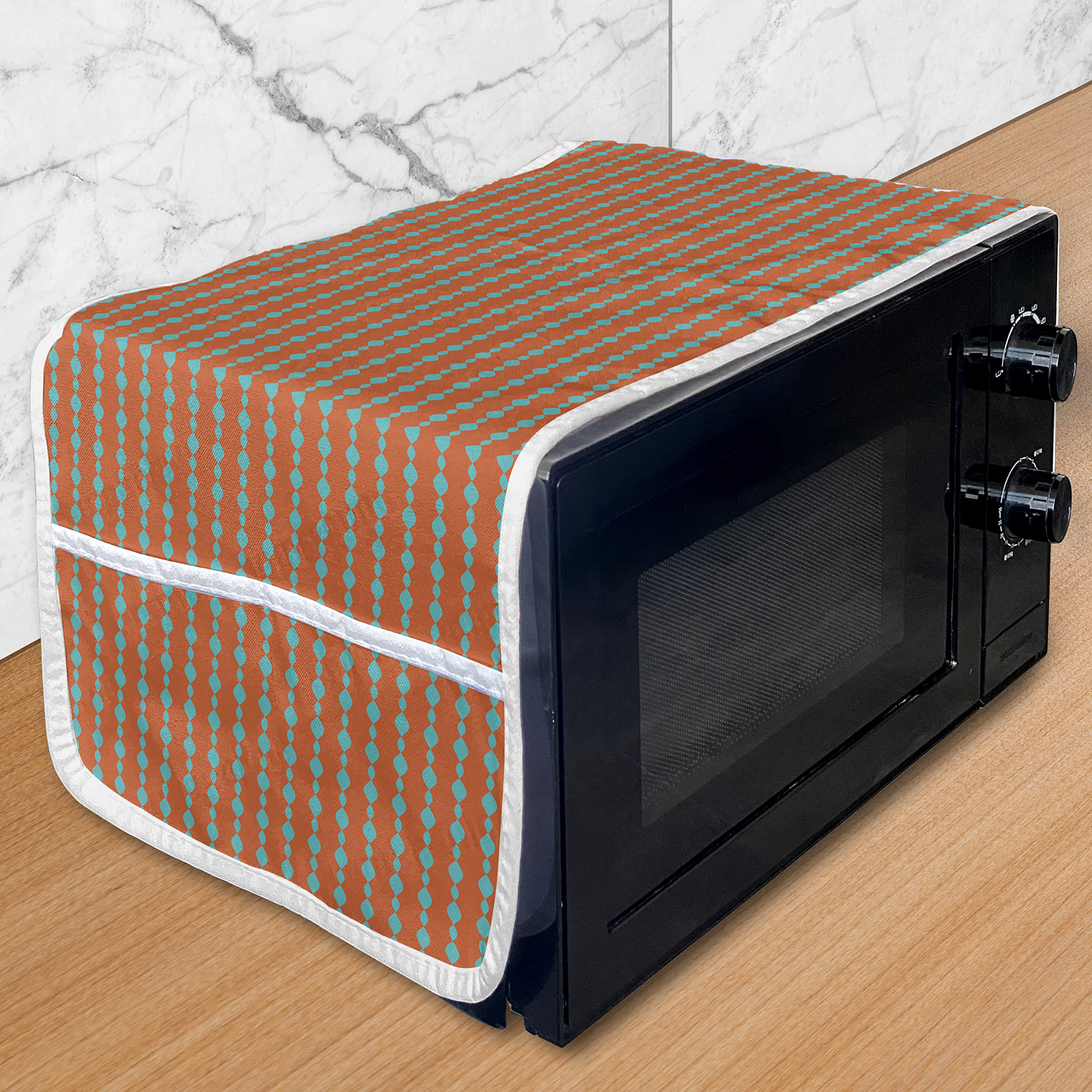 Ambesonne Vintage Microwave Cover - Water Resistant Kitchen Organizer with Pockets, 36 x 12 Inches, Retro Geometric Ogee Pattern in Burnt Orange & Turquoise - Perfect for Retro Kitchen Decor & Microwave Protection