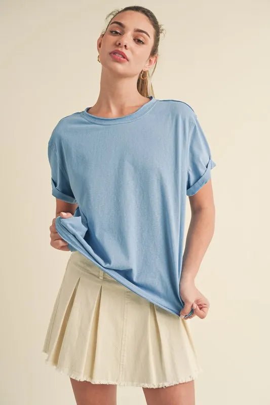 Aemi + Co Women's Exposed Seam Round Neck Short Sleeve Basic T-Shirt - Casual Everyday Wear & Layering Essential