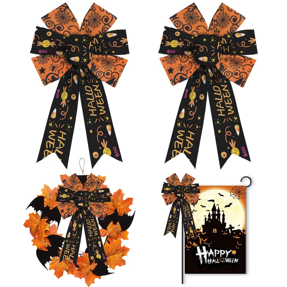 2-Pack Halloween Wreath Bows - Black & Orange Burlap Witch Spider Decor with Halloween Words for Front Door, Party & Holiday Decorations | Perfect for Halloween Wreaths, Front Door Decor & Spooky Party Decor