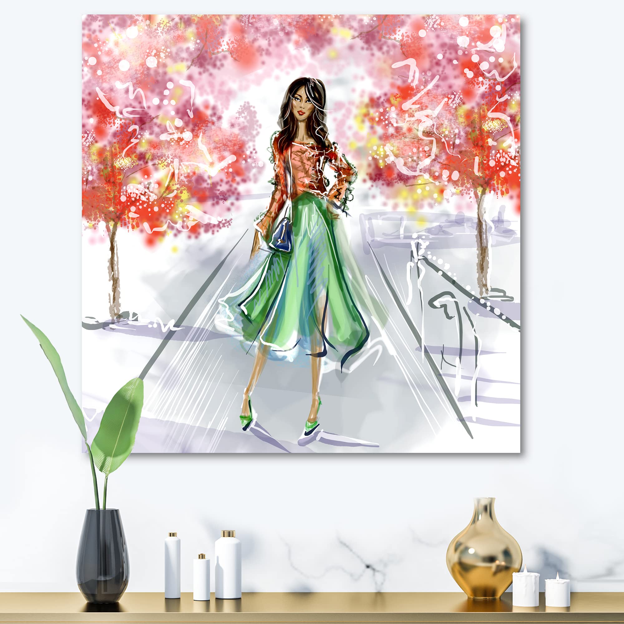 DesignQ Traditional Canvas Wall Art - Beautiful Girl in Fashionable Clothes Park Scene Painting - Perfect for Living Room, Bedroom & Office Decor