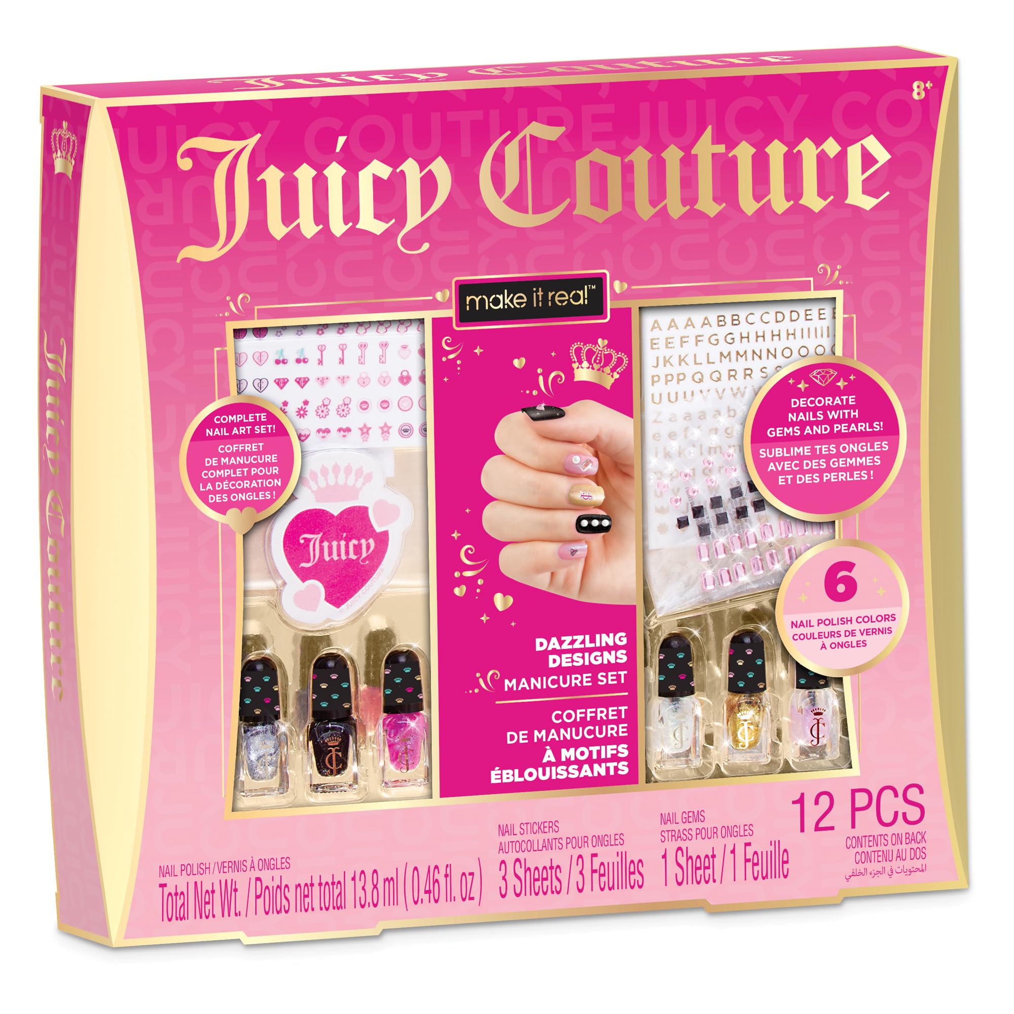 Juicy Couture Dazzling Designs Complete Nail Art Set for Girls & Kids Ages 8+ - 6 Nail Polish Colors, Gems & Sticker Sheets | DIY Manicure Kit for Birthday Gifts, Spa Parties & Creative Play