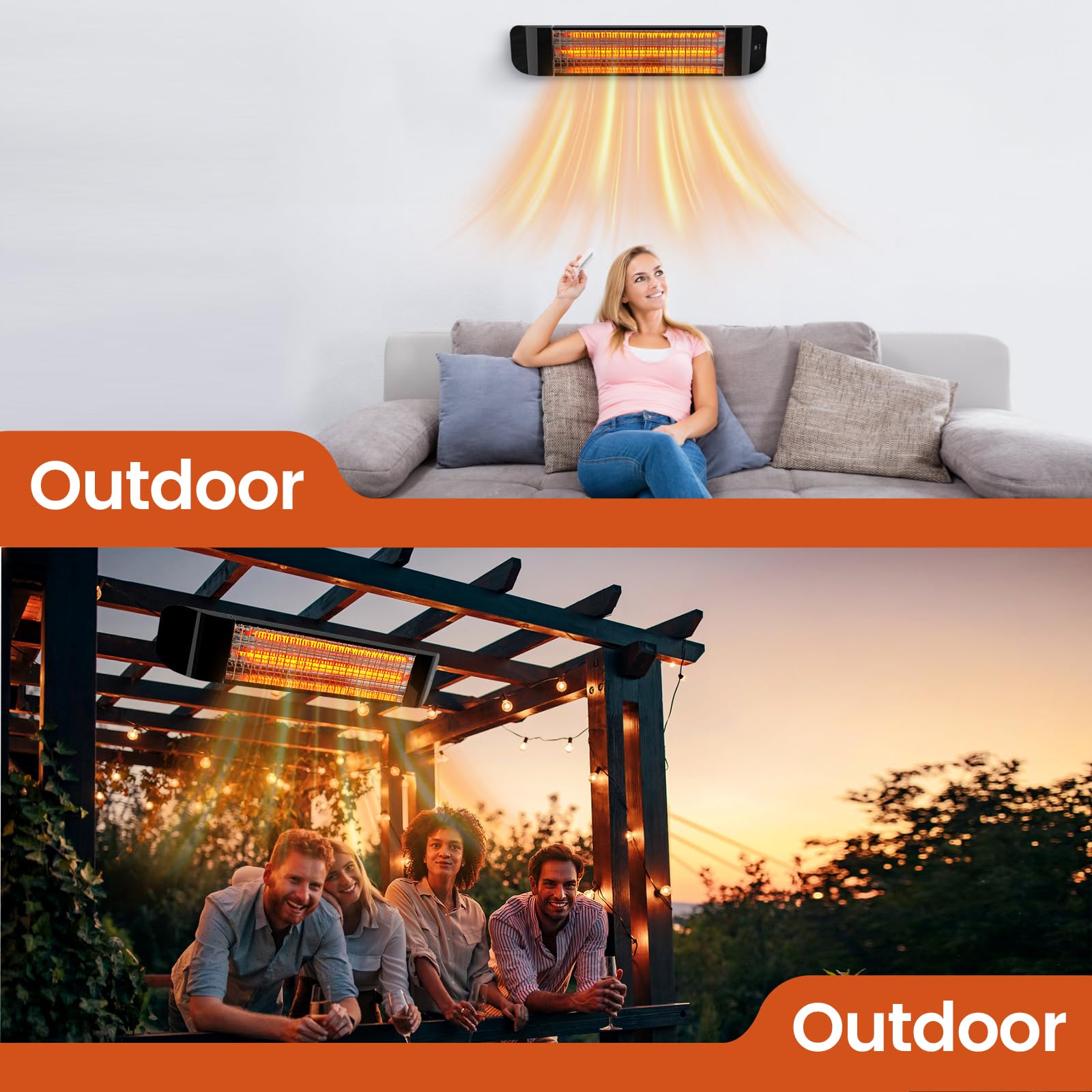 Chomalhari 1500W Infrared Electric Patio Heater with Remote Control - Wall & Ceiling Mount Outdoor Heater for Backyard, Deck, Garage, Greenhouse - Black - Perfect for Winter Evenings & Outdoor Dining
