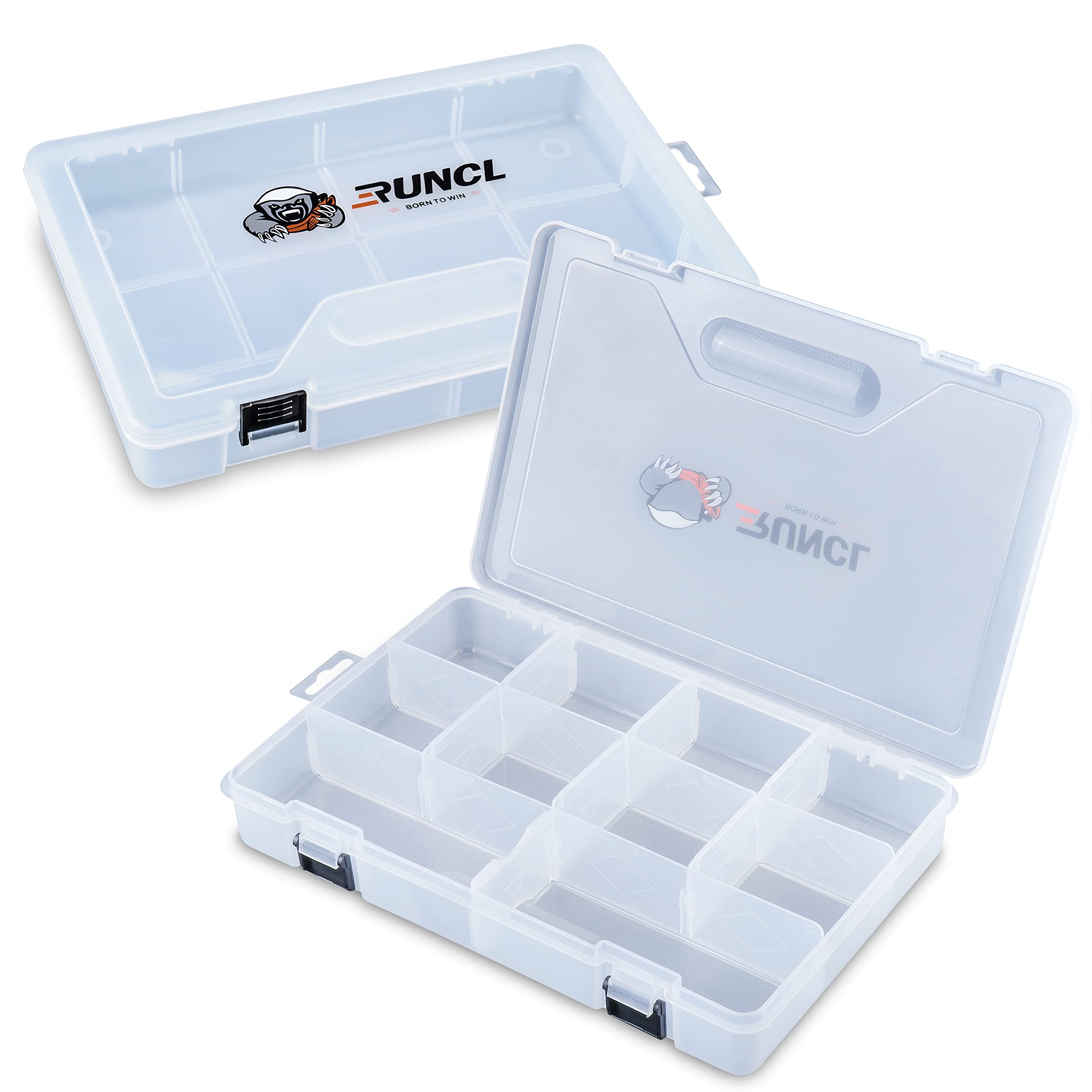 RUNCL Fishing Tackle Box Organizer - Waterproof Plastic Storage Box with Removable Dividers (3500/3600/3700 Size Options) - Clear Lure & Bait Storage Trays - Perfect for Freshwater & Saltwater Fishing Gear Organization