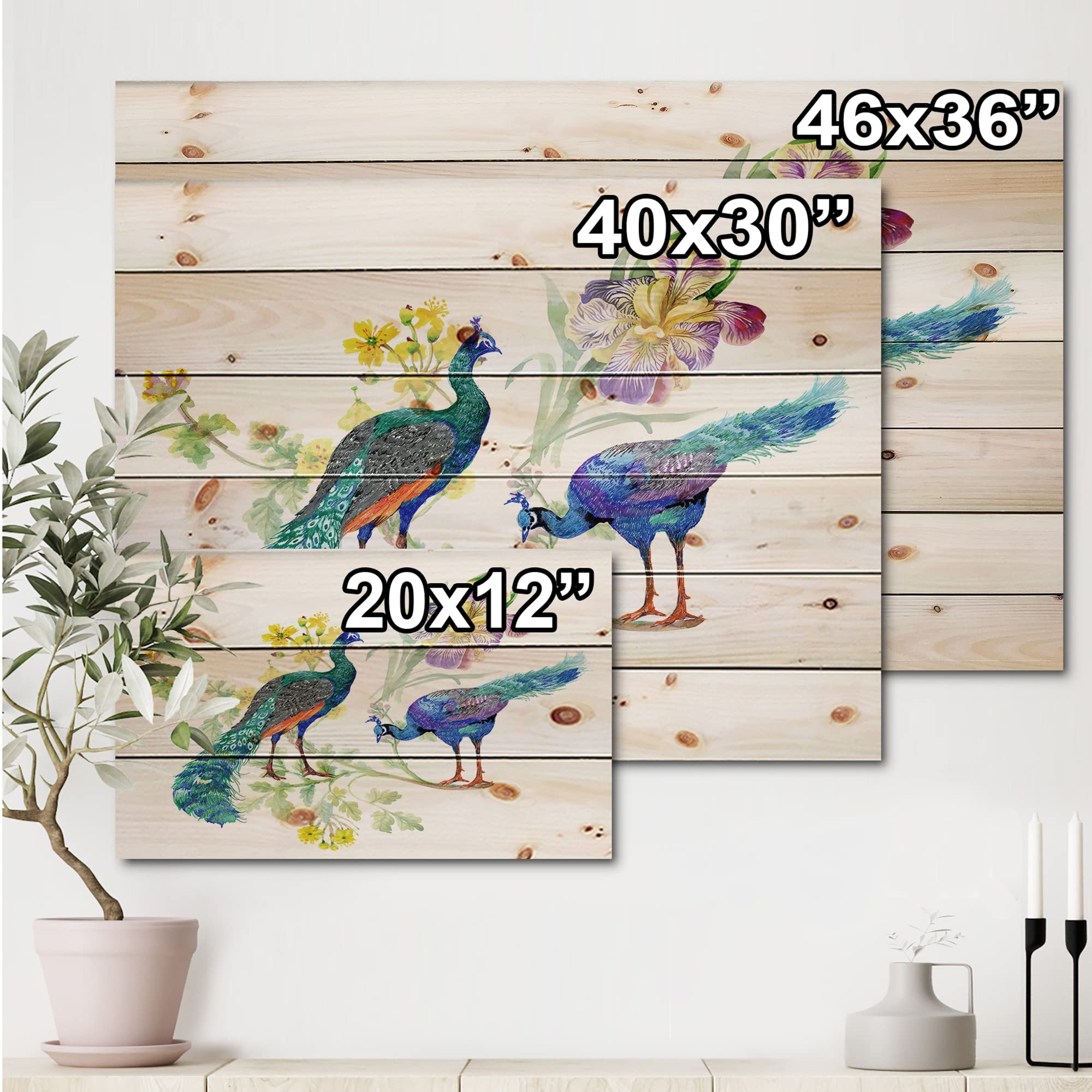 DesignQ Traditional Blue Peacock & Iris Flowers Wood Wall Art - Handcrafted Pine Wood Panel Decor, 35x25 Inch - Perfect for Living Room, Bedroom & Office Wall Decoration