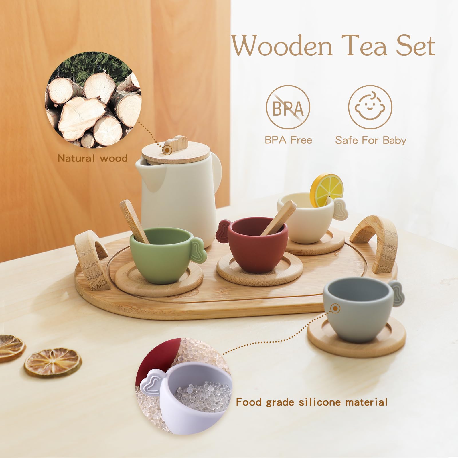 **Wooden Tea Set for Kids - 12-Piece Pretend Play Tea Party Set with Teapot, Cups, Scoop & Tray - Safe Silicone & Wood Toddler Kitchen Toys - Perfect Gift for Girls (Birthday, Pretend Play, Role Play, Tea Parties)**