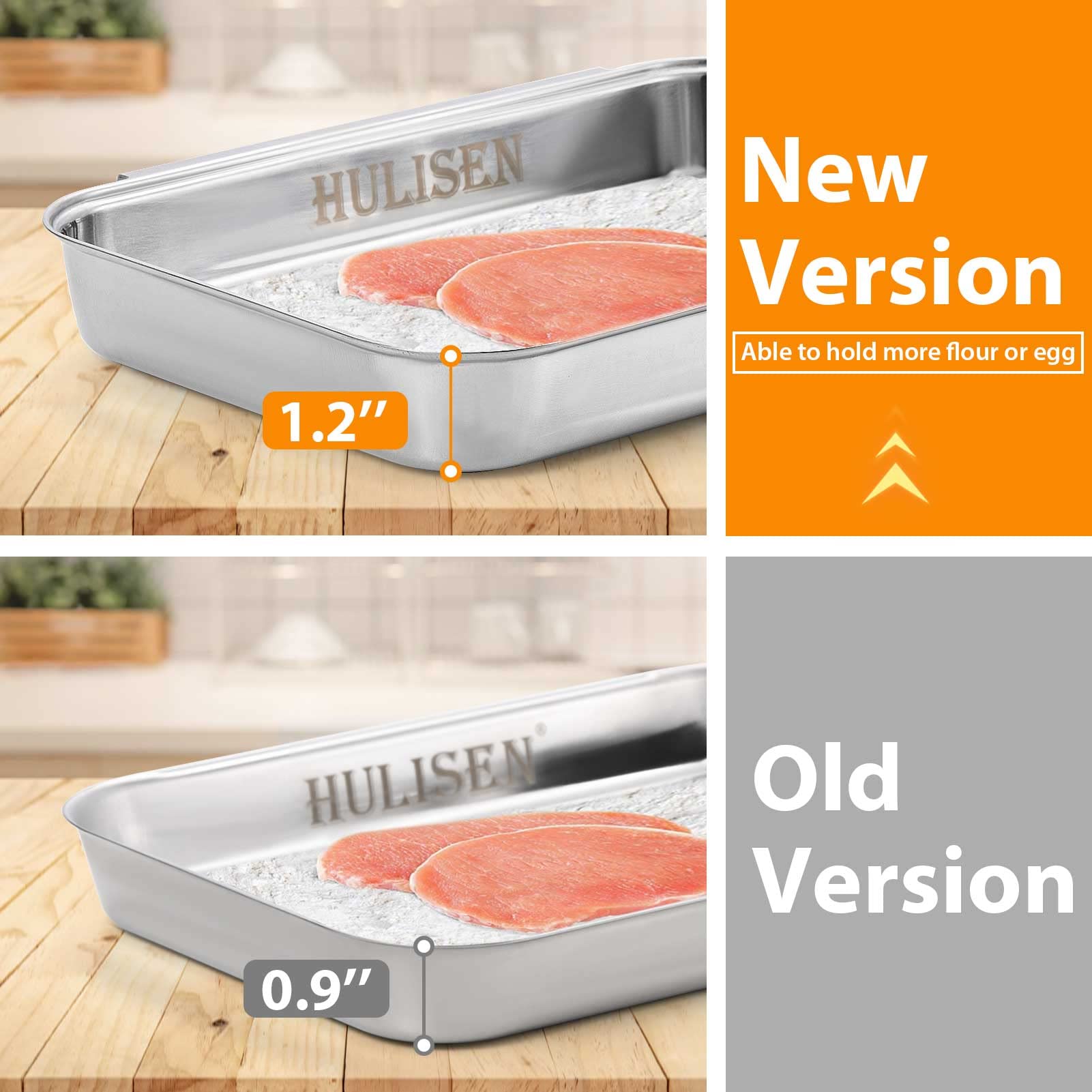 HULISEN 3-Piece Stainless Steel Breading Pans Set for Marinating Meat, Chicken, Fish - Food Prep & Coating Trays, Oven Safe for Baking Cakes - Perfect for Kitchen, Restaurant & Home Cooking