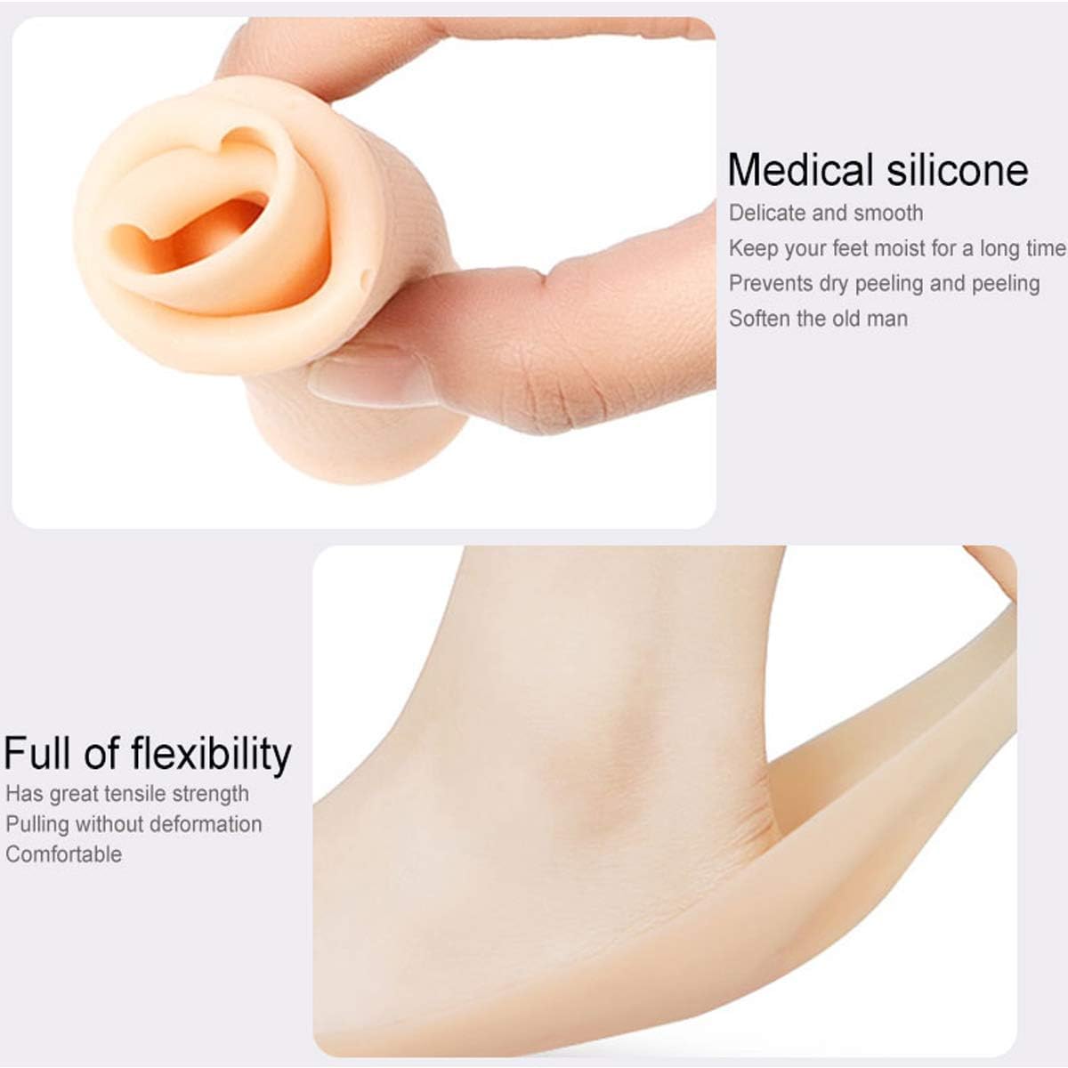 BESTAQUA Anti Crack Full Length Silicone Foot Protector Socks - Moisturizing Heel & Cracked Feet Care, Pain Relief Heel Pads for Dry Skin - Perfect for Overnight Foot Treatment, Diabetic Foot Care & Post-Pedicure Protection (Full Heel Design)