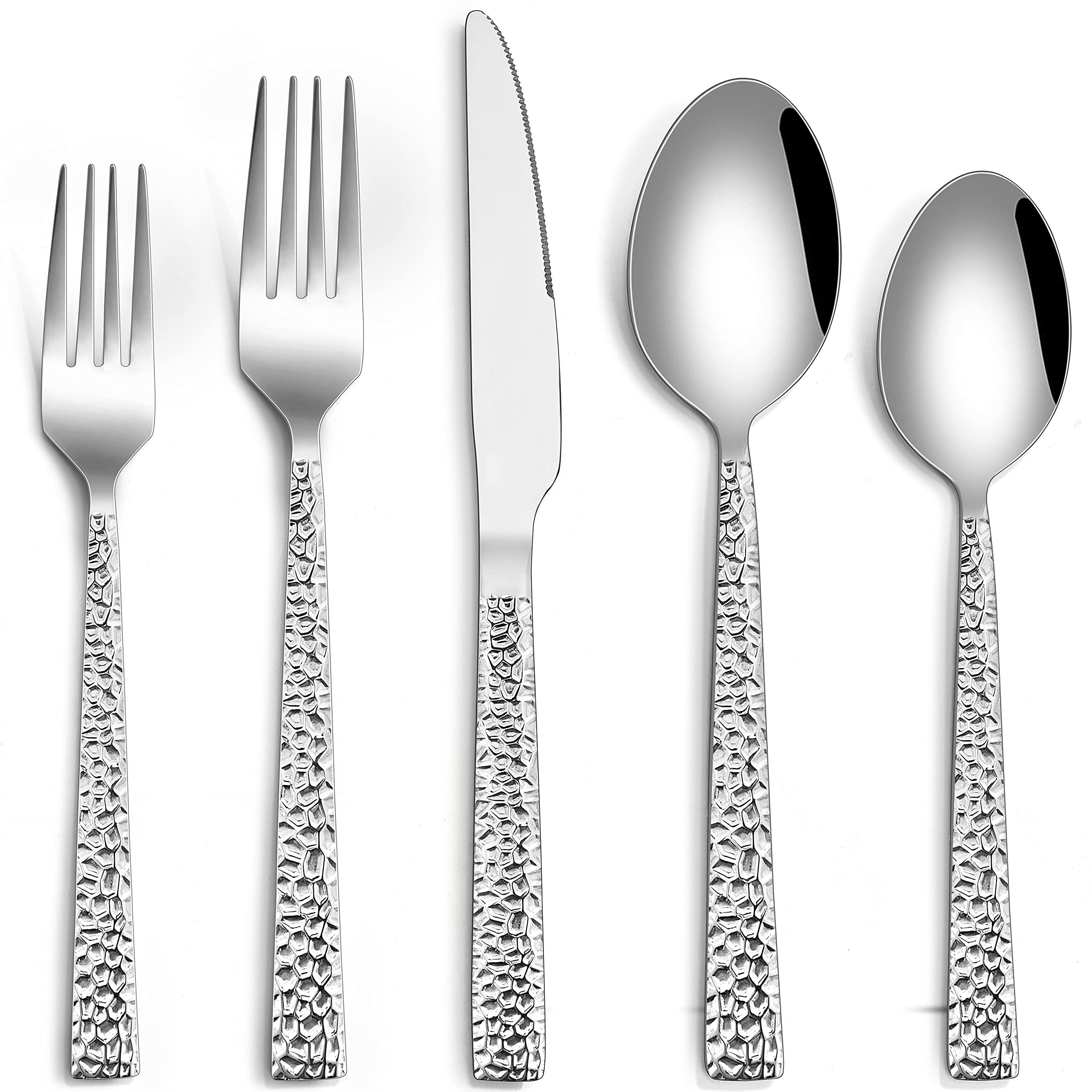 HaWare 60-Piece Hammered Stainless Steel Flatware Set for 12 - Mirror Polished Modern Cutlery for Kitchen, Restaurant & Party | Dishwasher Safe Silverware for Everyday Dining & Special Occasions