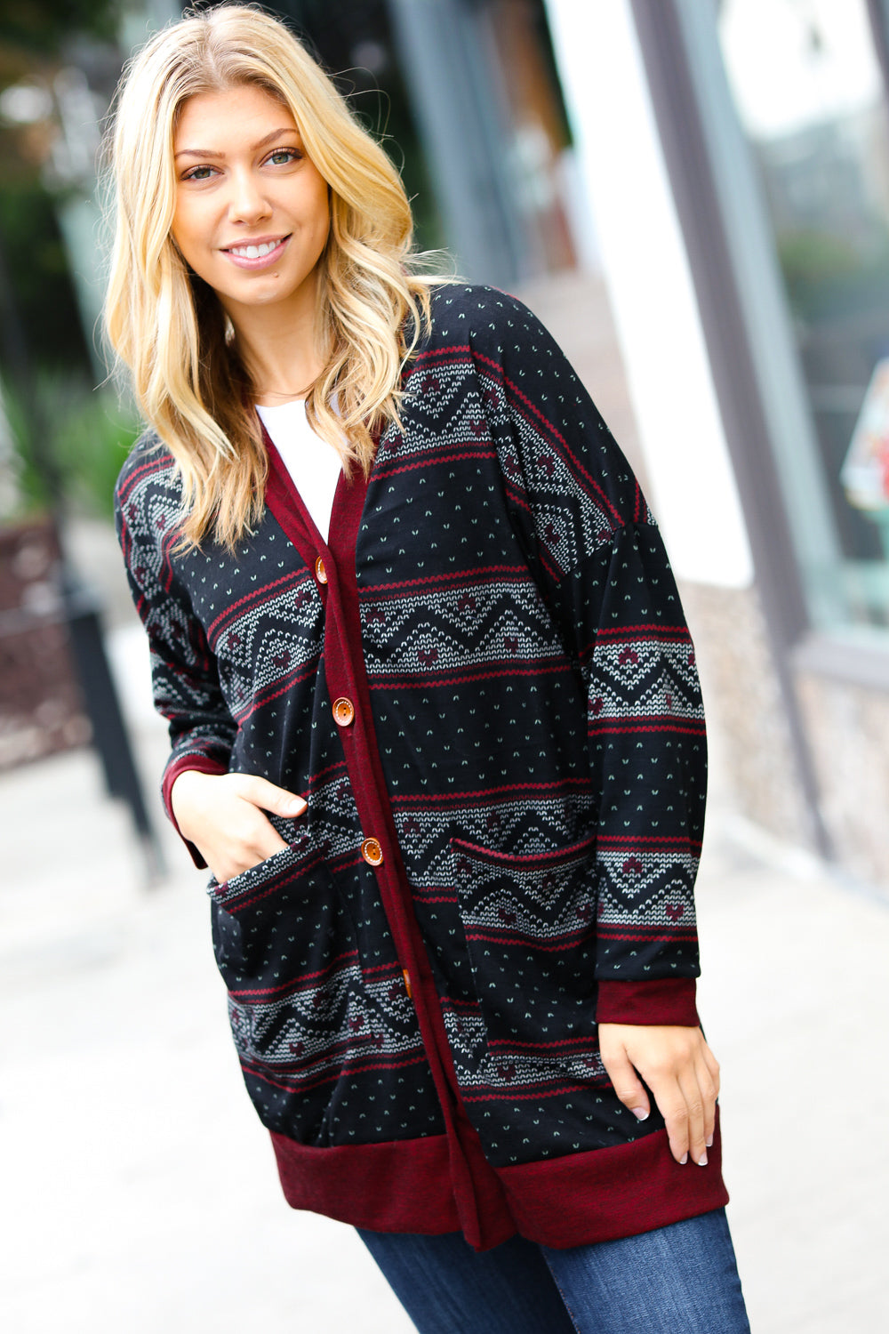 Classic Burgundy Holiday Print Button Cardigan for Women - Cozy Christmas Sweater for Holiday Parties & Family Gatherings