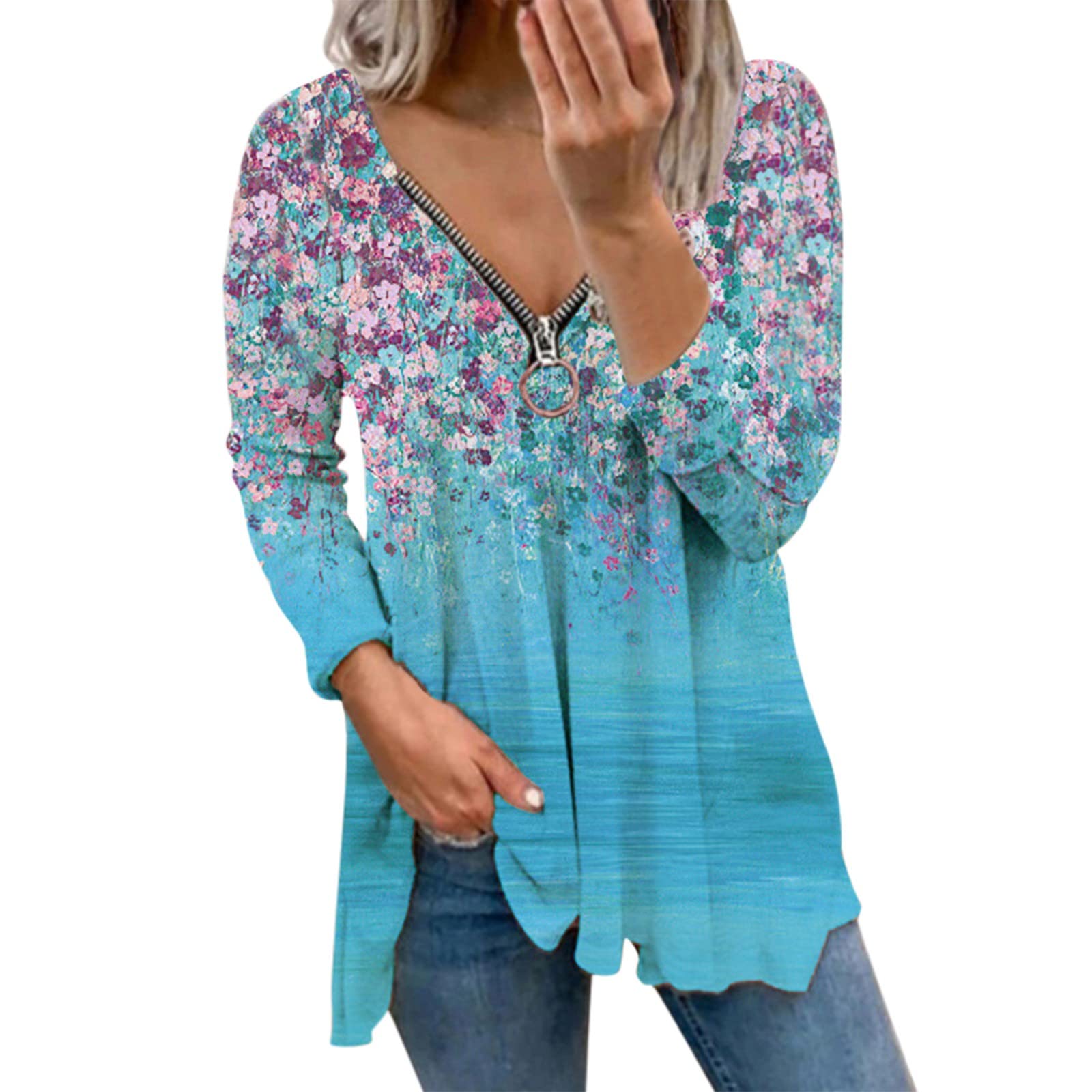 Women's Long Sleeve Floral Print V-Neck Zipper Tunic Top - Casual Sexy T-Shirt for Women in White | Perfect for Work, Date Night & Everyday Wear