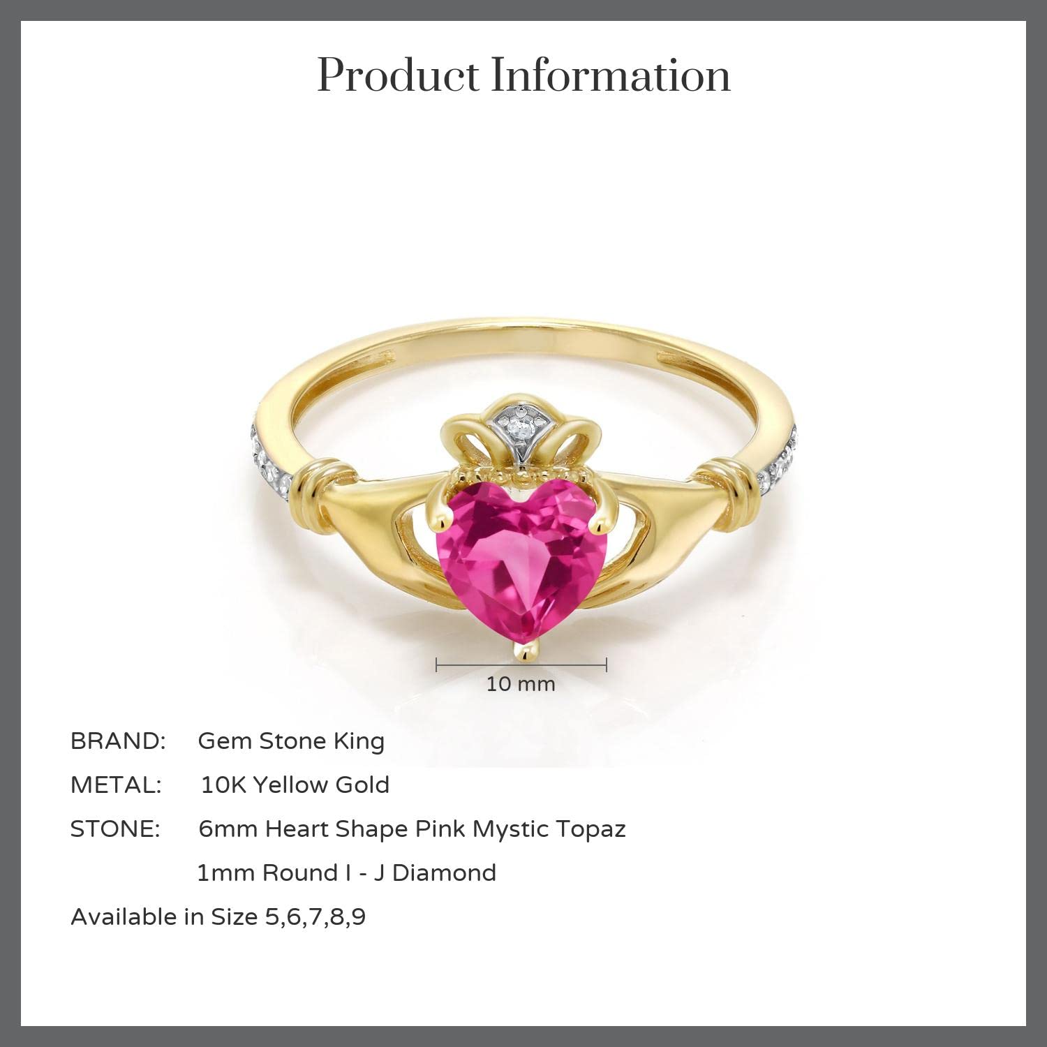10K Yellow Gold Heart-Shaped Birthstone & Diamond Claddagh Engagement Ring for Women | Irish Celtic Jewelry | Sizes 5-9 | Perfect for Valentine's Day, Anniversaries & Proposals
