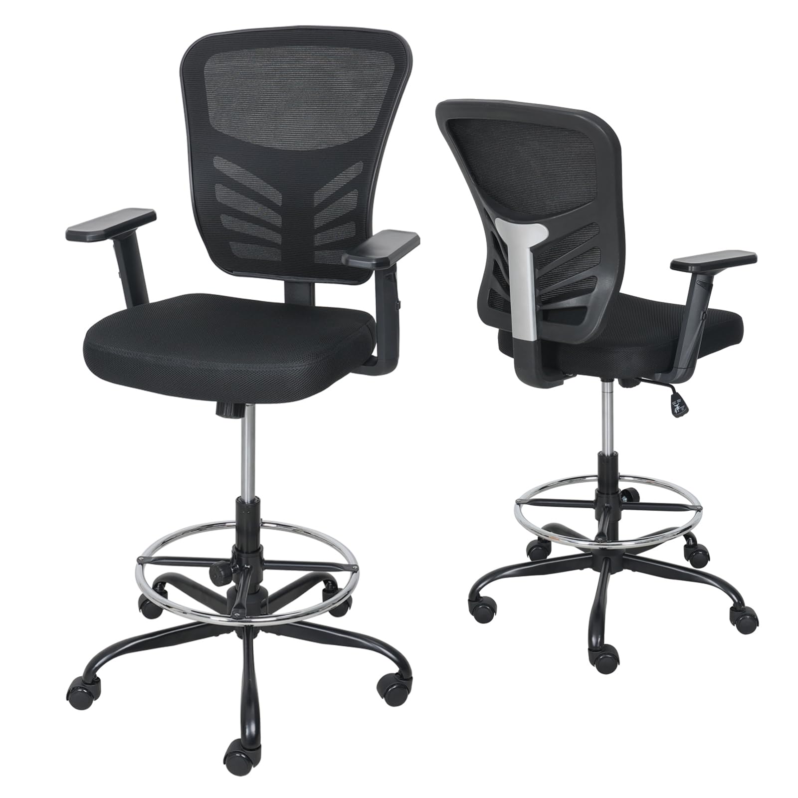 ELECWISH Ergonomic Drafting Chair for Standing Desk - Adjustable Height Office Chair with Mid-Back Mesh, Foot Ring & Armrests - Perfect for Architects, Designers & Home Office Workspaces (Black)