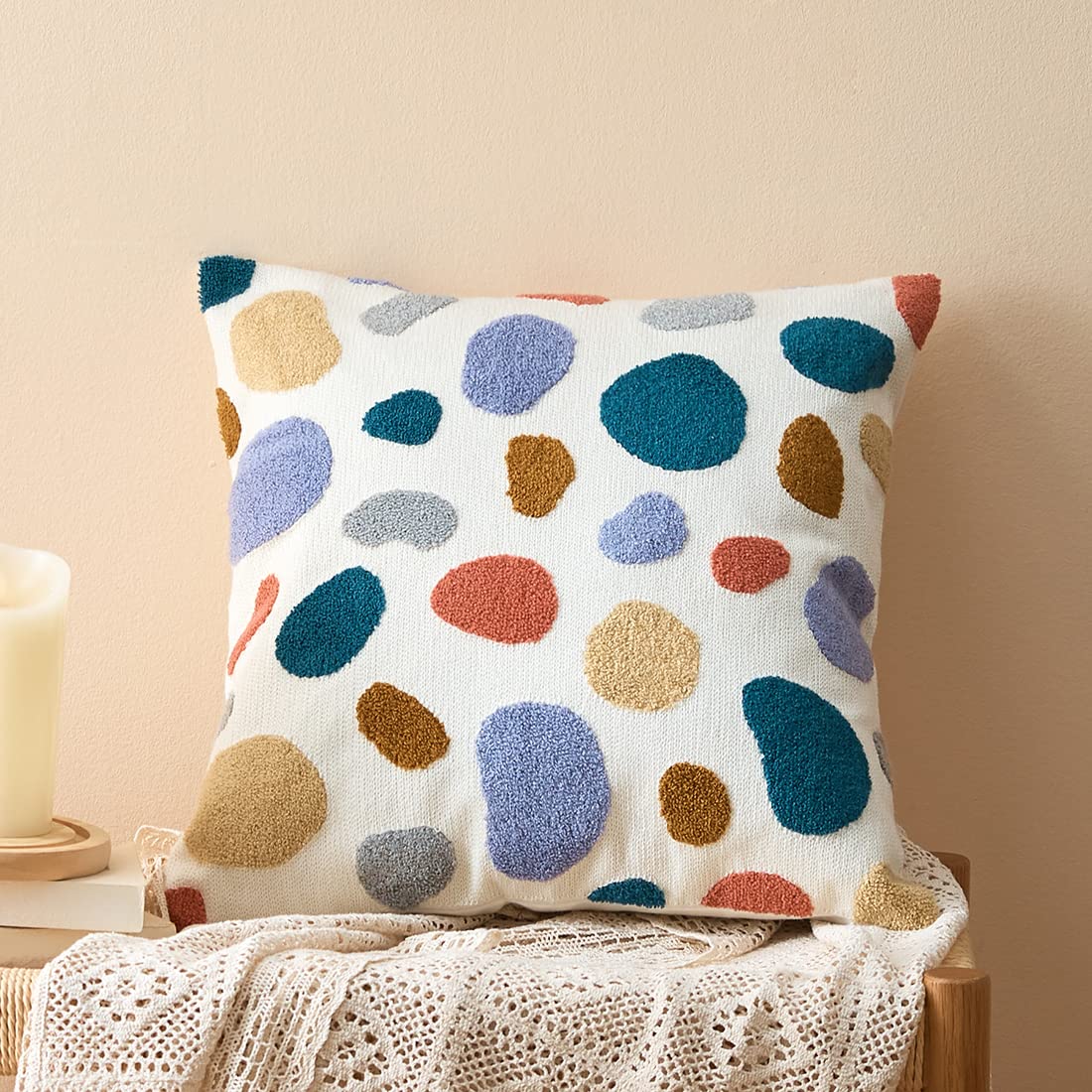 Boho Geometric Tufted Throw Pillow Cover 18x18 Inch - Farmhouse Cotton Embroidery Decorative Cushion Case for Sofa, Couch & Bed - Perfect for Living Room, Bedroom & Home Decor Accent