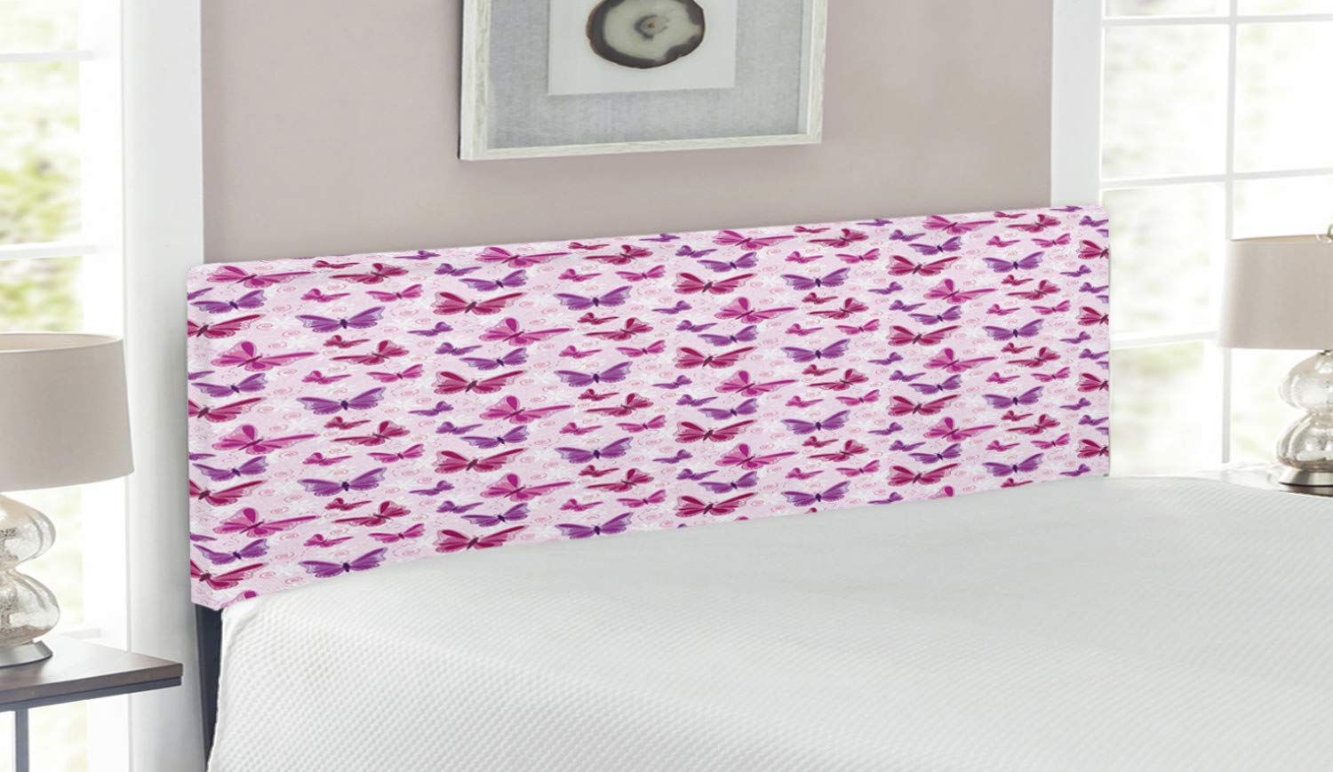 Ambesonne Purple Queen Size Headboard - Abstract Butterflies Floral Upholstered Metal Bed Frame with Memory Foam, Maroon Purple & Pale Pink - Perfect for Master Bedroom, Guest Room & Feminine Home Decor