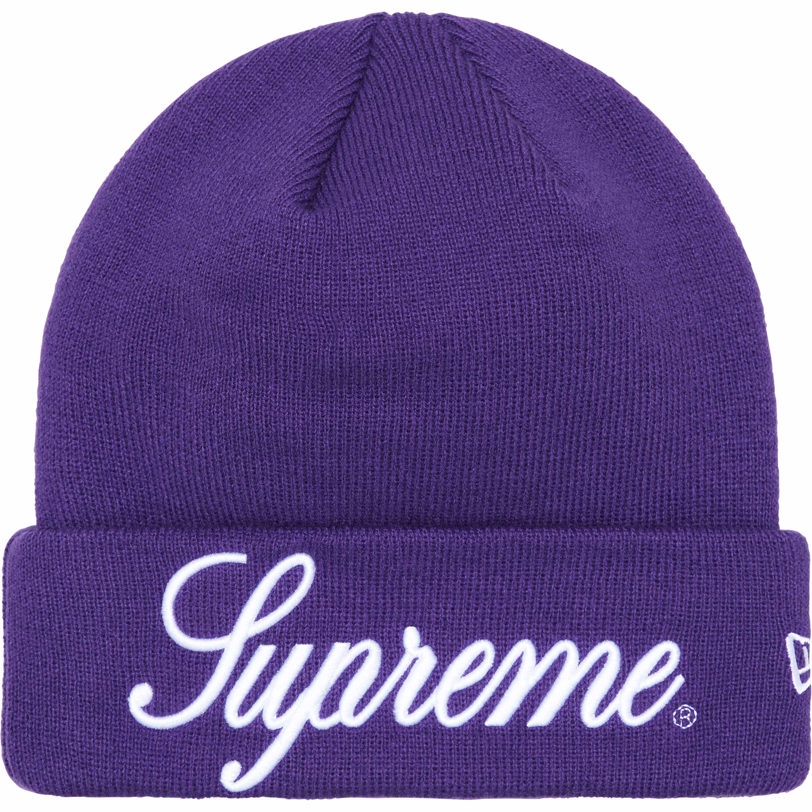 Supreme New Era® Script Beanie - Purple Knit Winter Hat for Men & Women - Perfect for Cold Weather, Skiing, and Streetwear Fashion