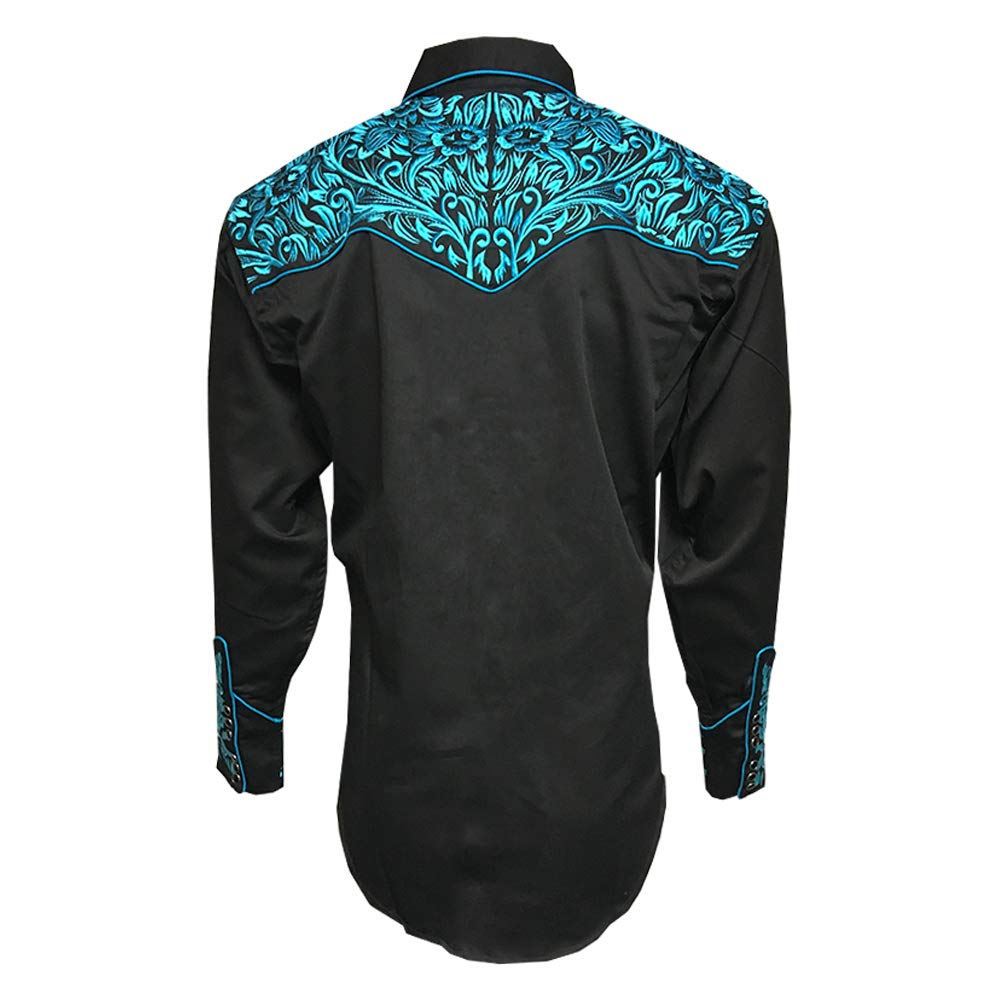 Men's Black & Turquoise Western Tooled Cowboy Shirt - Vintage Style Snap Button Work Shirt for Rodeo, Country Music Festivals & Western Fashion