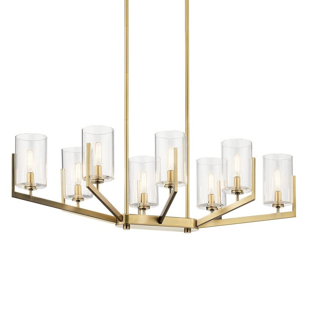 8-Light Modern Square Tube Chandelier with Clear Glass Shades - Brushed Natural Brass Finish - Perfect for Dining Room, Living Room or Bedroom Lighting