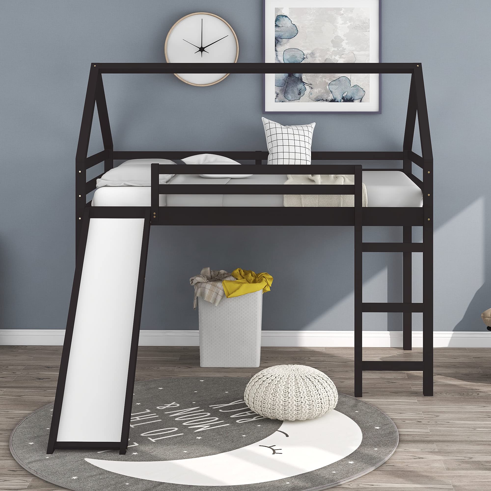 Twin Size Loft Bed with Slide - Wooden Space-Saving House Bed Frame for Kids, Play Tent Bed with Roof & Ladder, No Box Spring Needed (Espresso) - Perfect for Small Bedrooms, Playrooms & Kids' Sleepovers