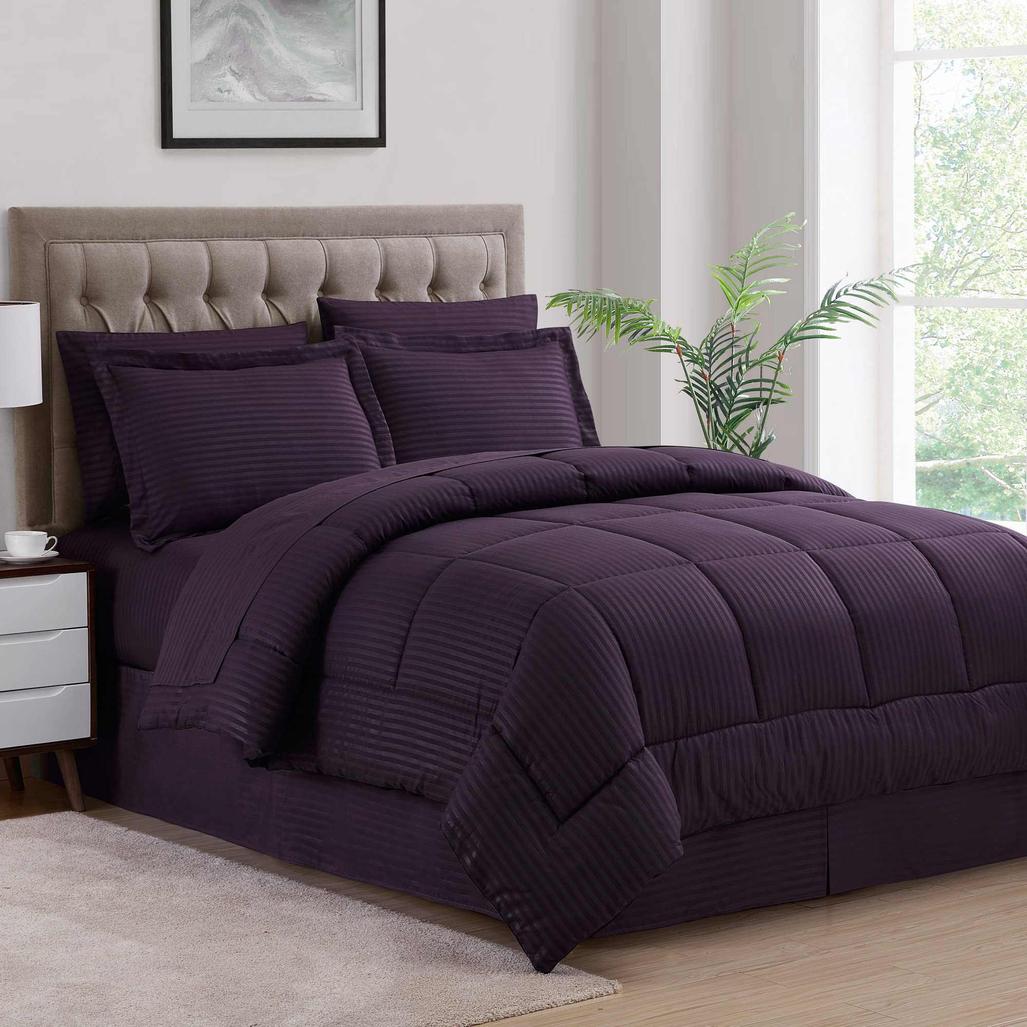 8-Piece Queen Comforter Set with Bed Skirt, Fitted Sheet, Flat Sheet & 4 Pillowcases - Dobby Purple Luxury Bedding for Master Bedroom & Guest Room Decor