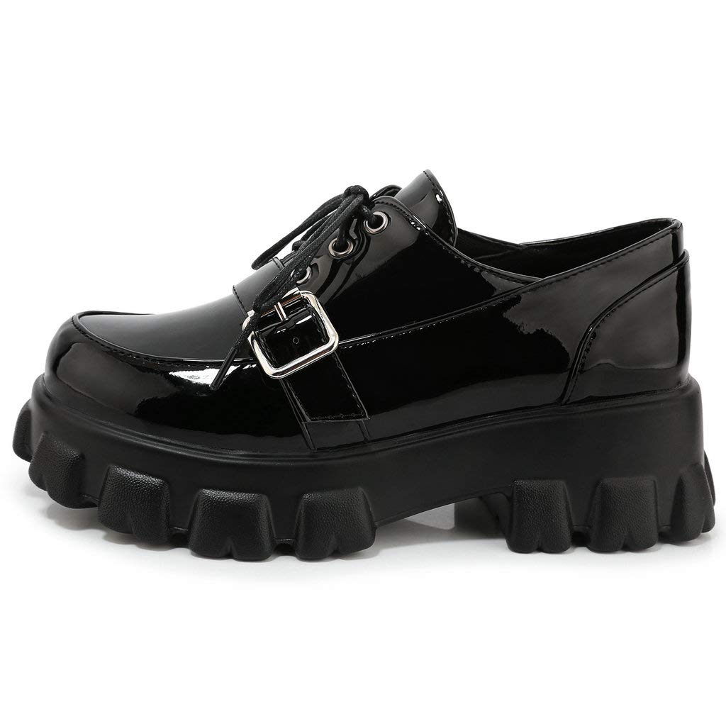 KOKOMOMO Women's Chunky Platform Oxford Loafers with Buckle - Gothic Style Shoes for Casual Outfits, Work & Street Fashion