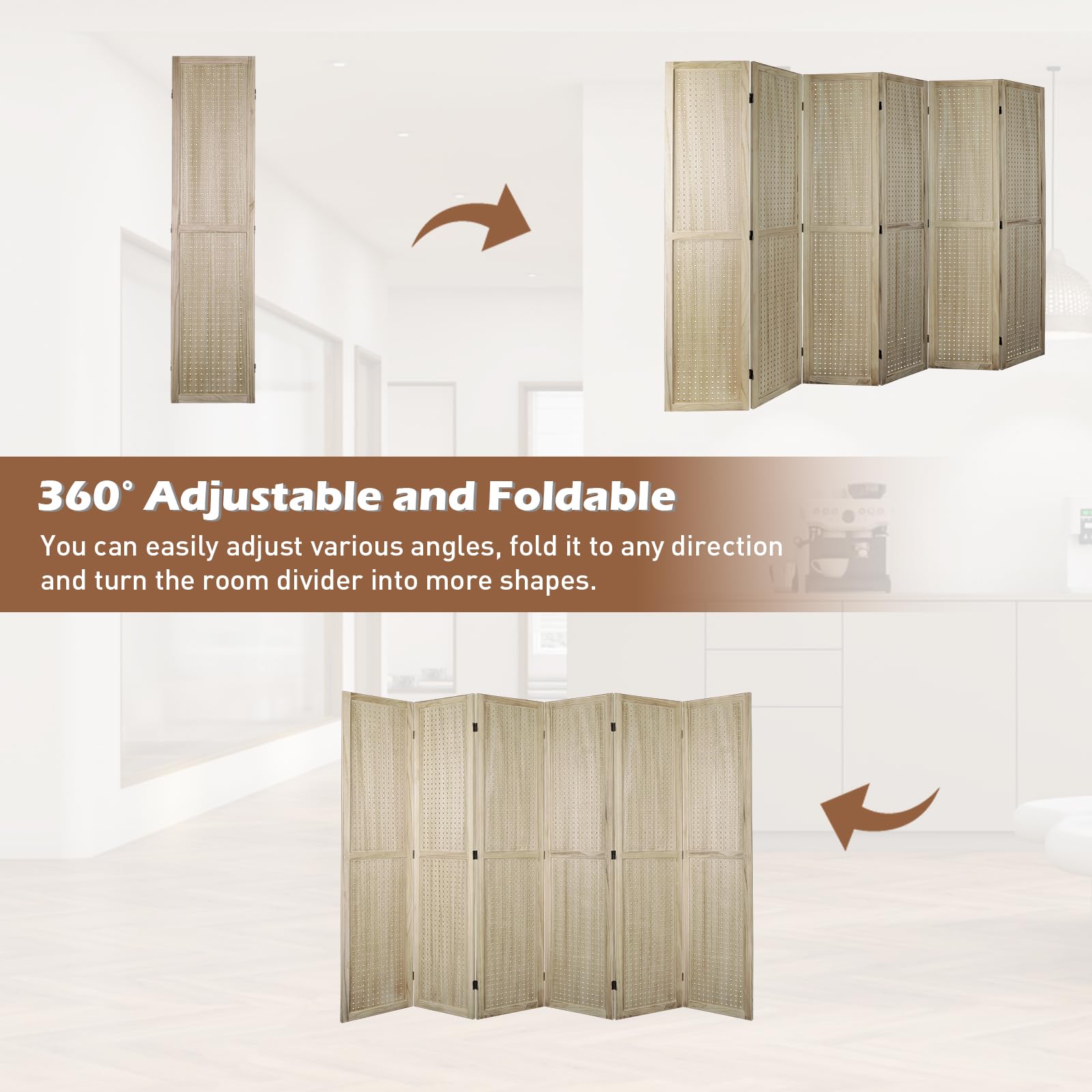 ECOMEX 6 Panel Wooden Room Divider - 5.6Ft Folding Privacy Screen & Pegboard Display for Home, Office, Trade Shows | Freestanding Wall Organizer | Natural Wood Finish | Perfect for Room Separation, Craft Displays & Retail Spaces