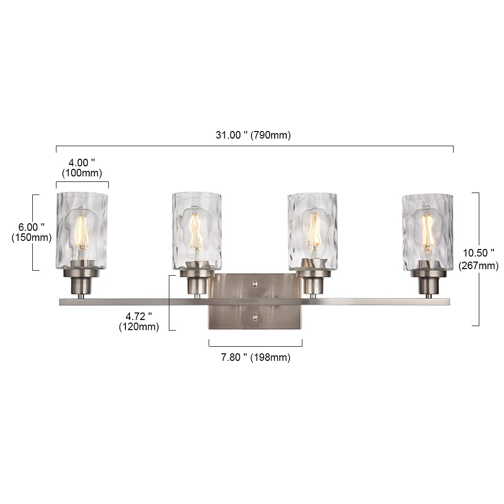 4-Light Modern Bathroom Vanity Light Fixture - Brushed Nickel Wall Sconce with Hammered Glass Shade - Perfect for Bathroom, Powder Room & Dressing Room Lighting