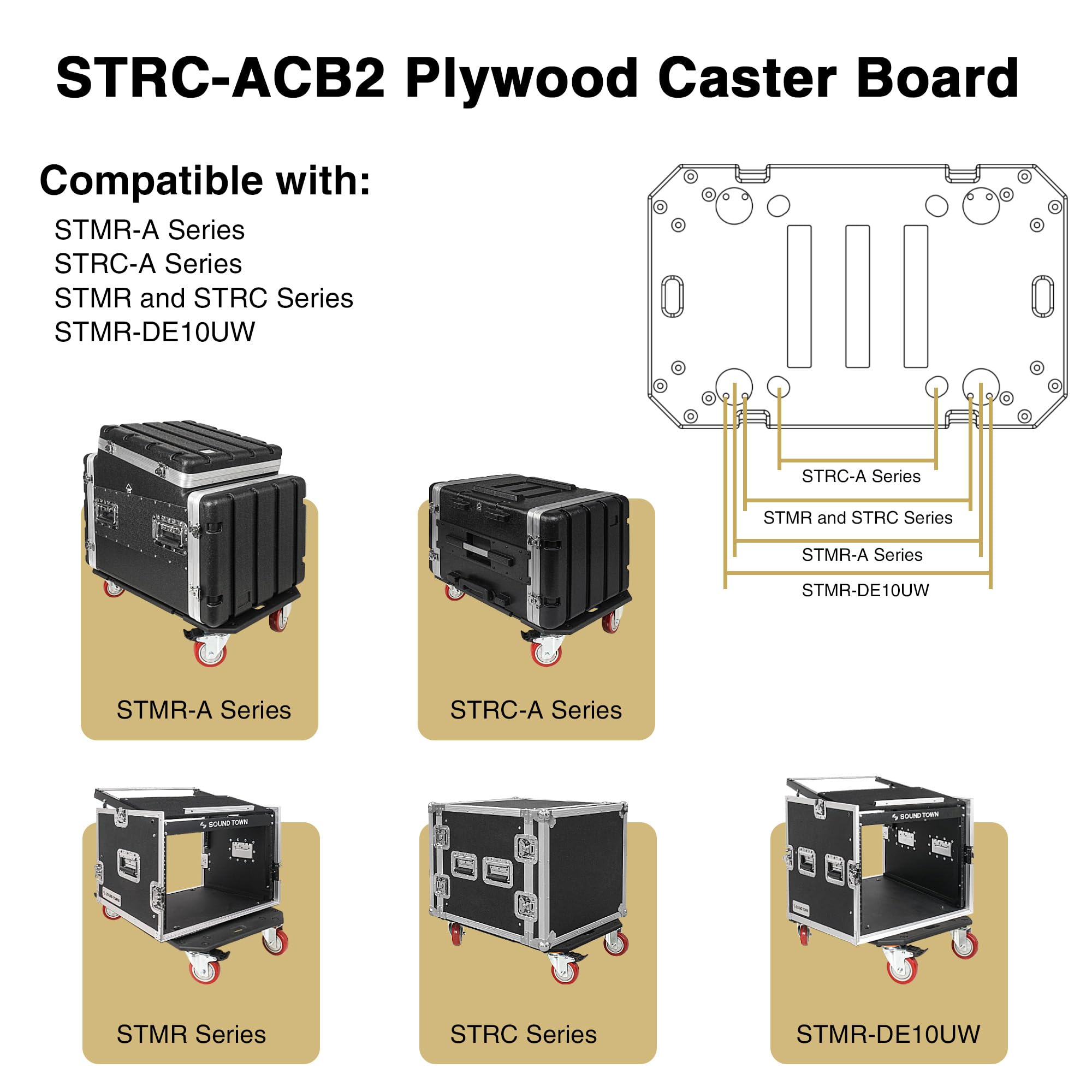 Sound Town STRC-ACB2 Plywood Caster Board with 4-Inch Wheels & Brakes - Heavy Duty Mobile Base for Audio Rack Cases | Perfect for Studio Equipment, DJ Gear & Road Cases Transport