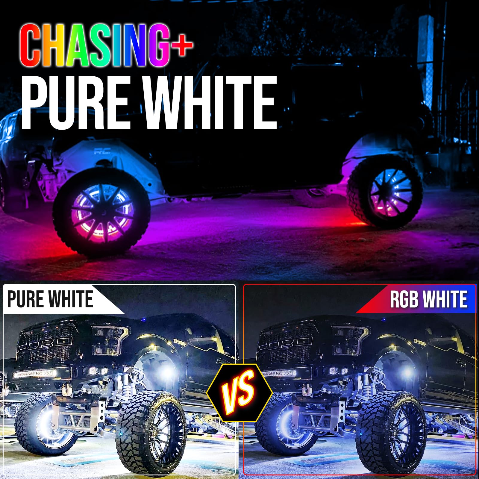 17 Inch RGBW Dreaming Color + Bright White Double Row LED Wheel Lights - Pure White & Rocker Switch Control for Cars, Trucks, Pickups & Off-Road Vehicles | Enhance Night Driving & Vehicle Customization