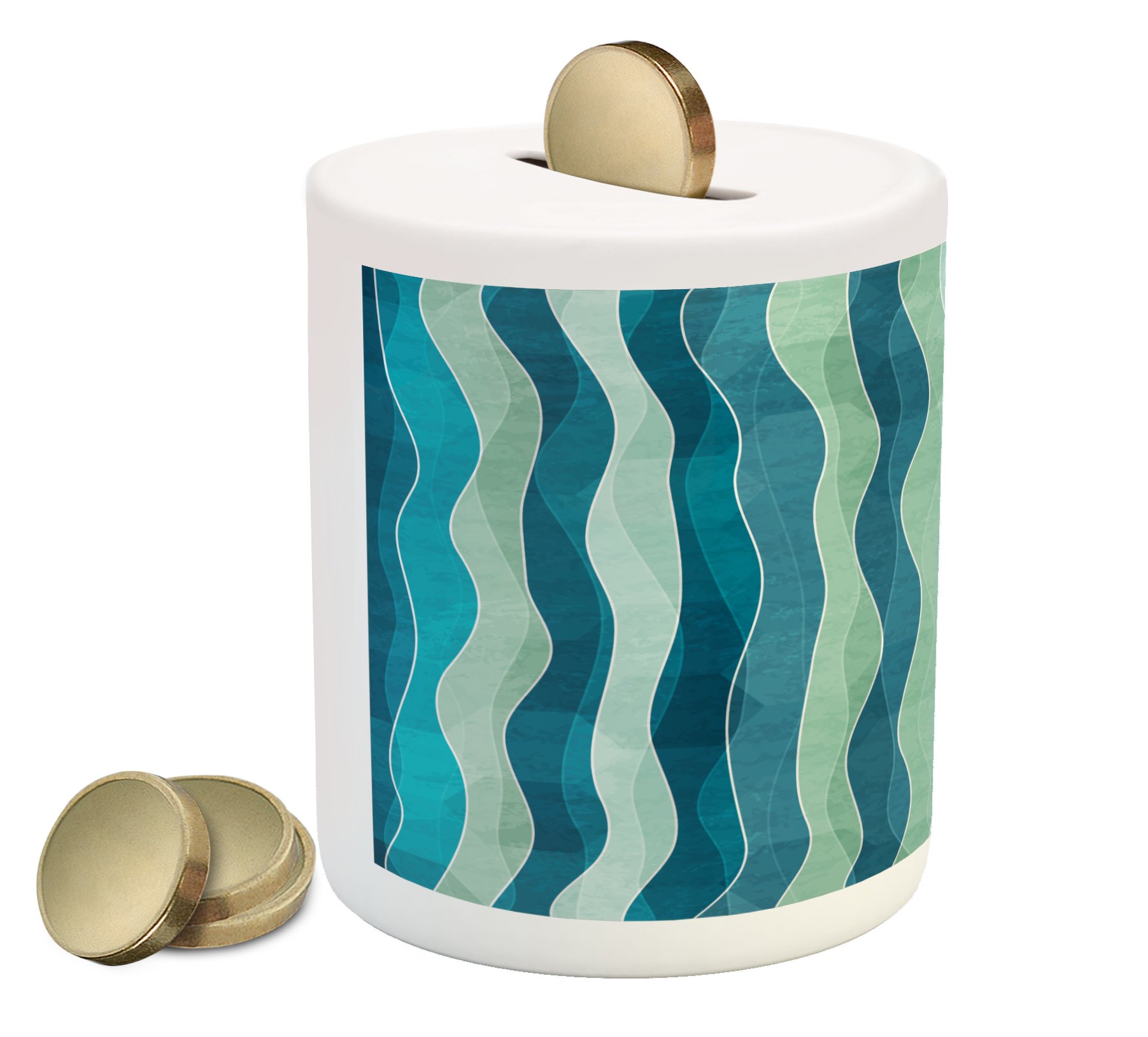 Ambesonne Abstract Ceramic Piggy Bank - Wave Pattern with Grunge Effect, Vertical Lines Sea Inspired Design, Blue and Almond Green Money Box for Cash Saving | Perfect for Kids Savings, Home Decor & Gift Giving