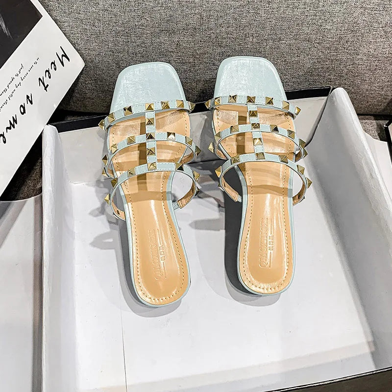 2023 Summer Women's Low Heel Rivet Sandals - Fashion Thin Ribbon Korean Design Girls Shoes, Large Size Comfortable Slip-On Slippers - Perfect for Beach, Vacation & Casual Outings