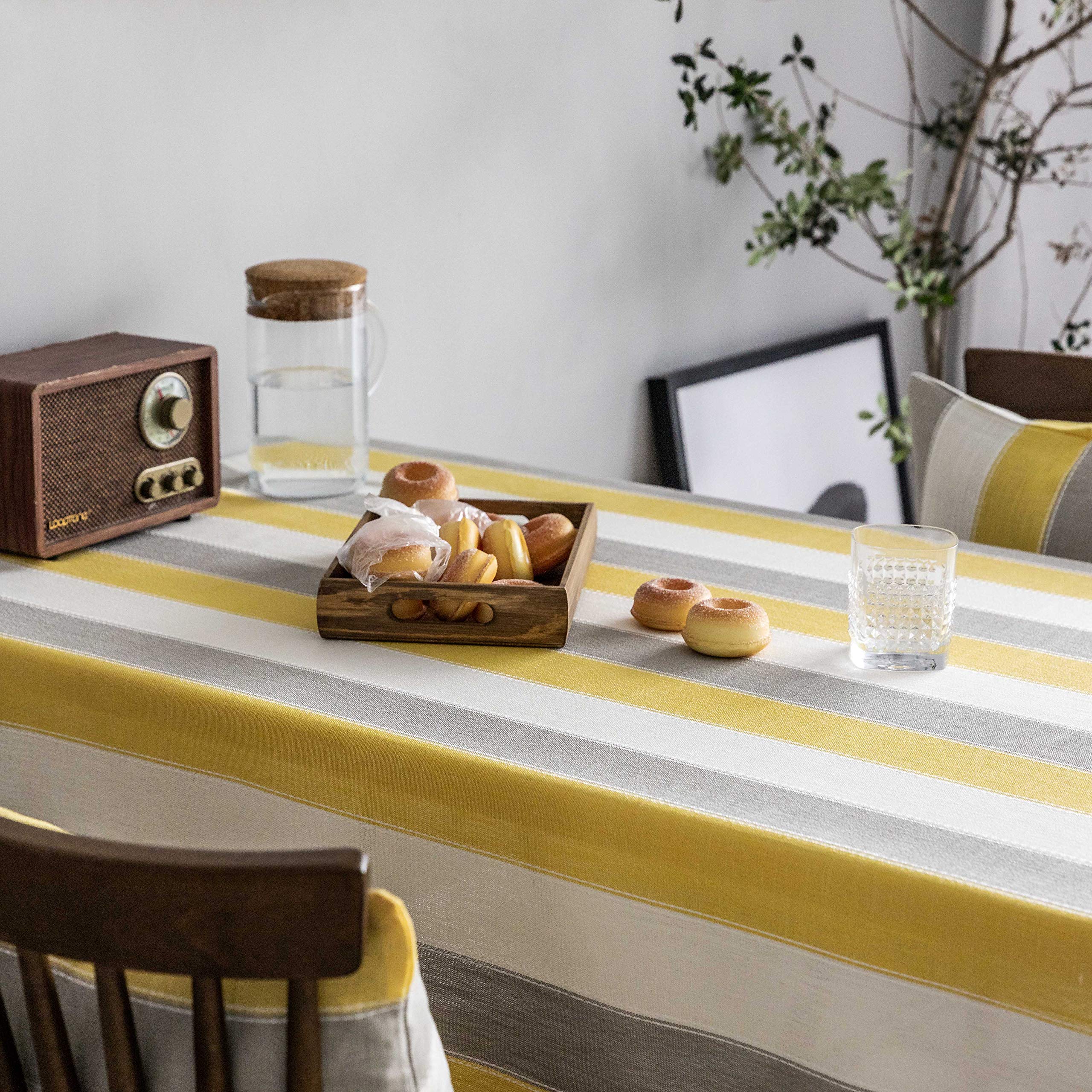 Premium Yellow Rectangle Tablecloth for Farmhouse & Kitchen Dining Table Decor - 52 x 102 Inches, Yellow Grey Cream Stripes - Perfect for Dinner Parties, Holiday Gatherings & Everyday Home Decor
