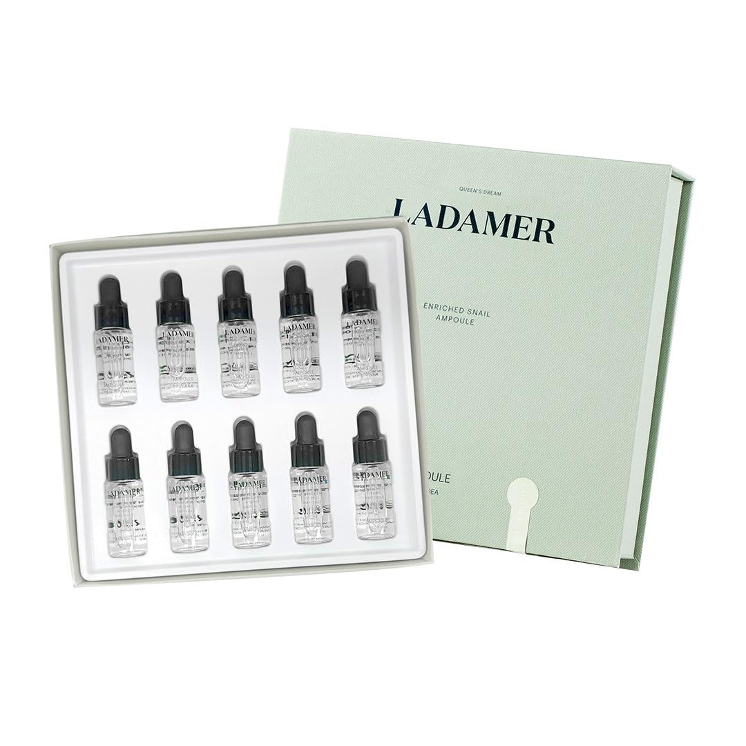 LADAMER Snail Mucin Ampoule with Hyaluronic Acid - Hydrating Serum for Face, Korean Skincare, Clinical Spa Treatment, 0.16 fl.oz x 10 Packs - Moisturizing & Anti-Aging for Dry & Sensitive Skin | Perfect for Night Routine & Daily Hydration