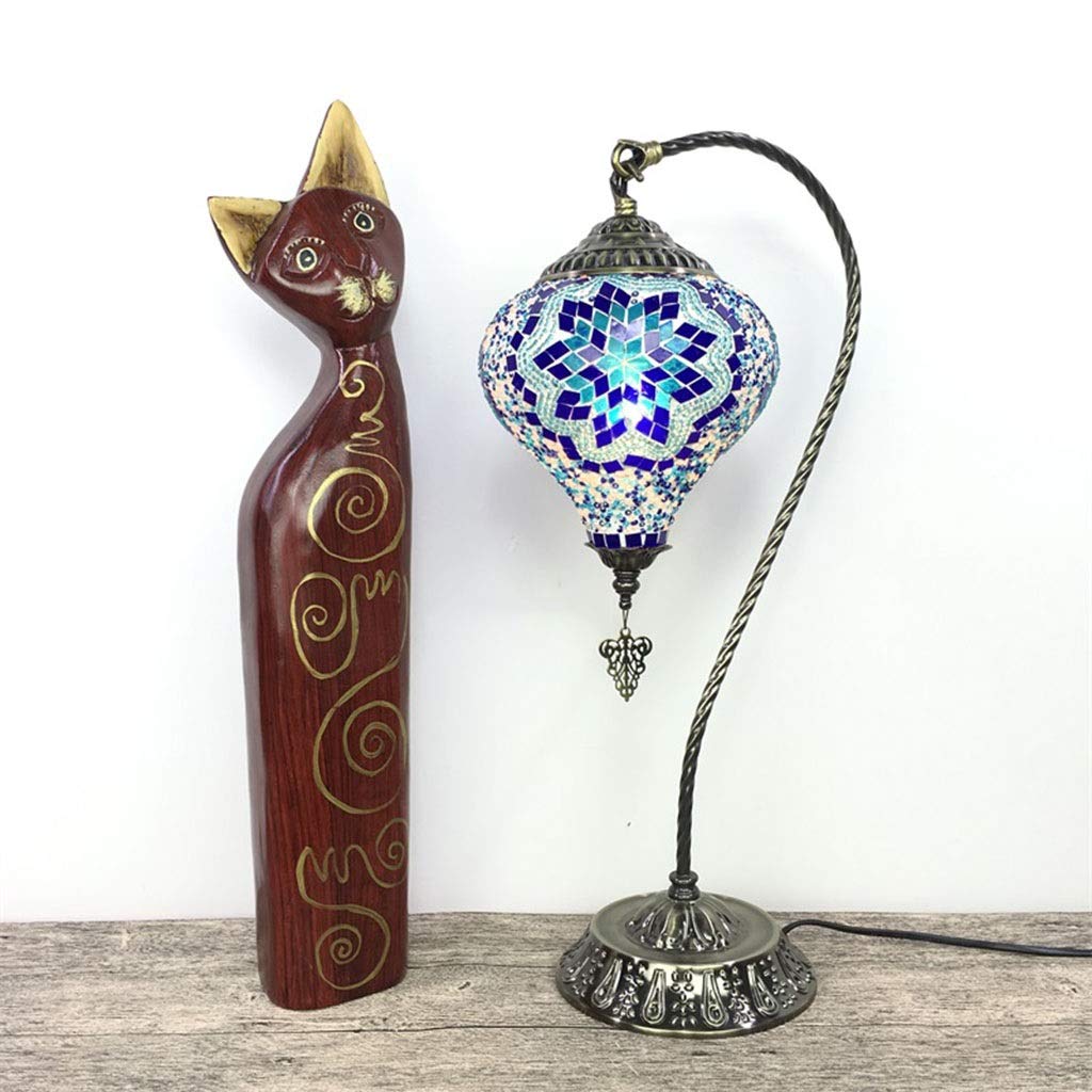 DU HUI Handmade Turkish Moroccan Mosaic Glass Table Lamp - Swan Neck Design with US Plug & Socket, Blue Tiffany Style Bedside Night Light for Living Room, Bedroom, Office Decor