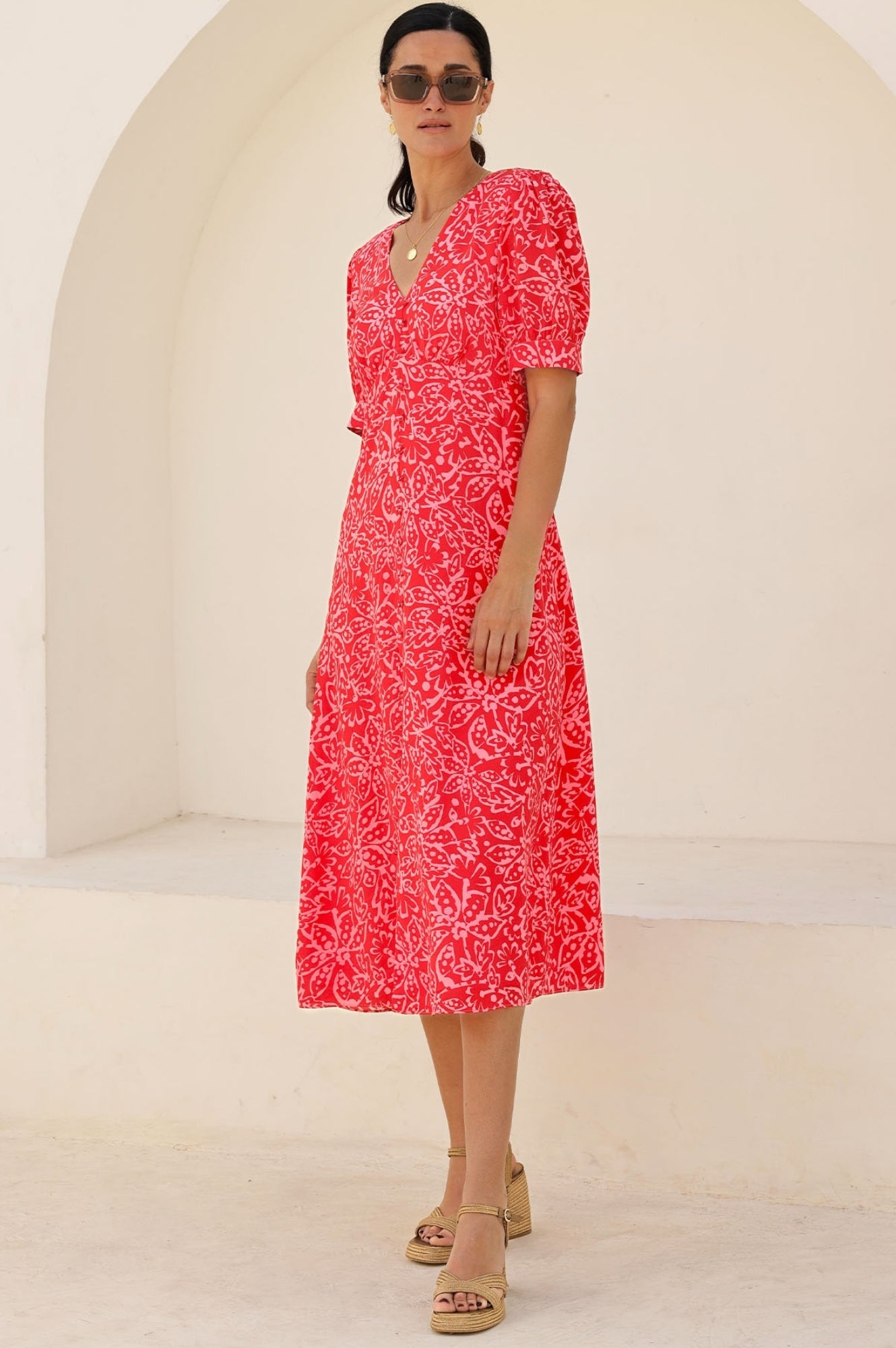 Anne Tea EcoVero™ Floral Dress - Spring Garden Red/Pink Flowy Midi Dress | Sustainable Viscose Dress for Women | Perfect for Garden Parties, Brunch Dates & Summer Weddings