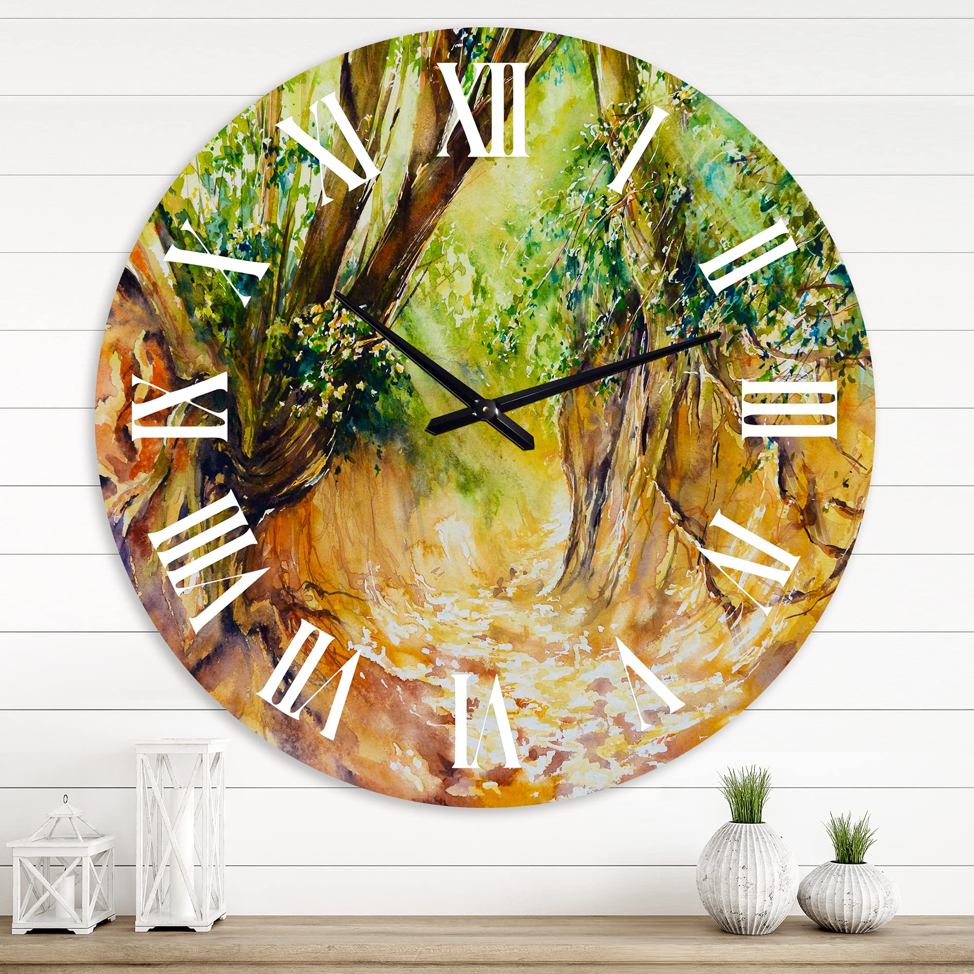 DesignQ Traditional Wall Clock 'Little Forest Road' - Large Landscape & Nature Wall Clock for Kitchen, Living Room, Bedroom Decor - Perfect for Home, Office, and Farmhouse Style Interiors