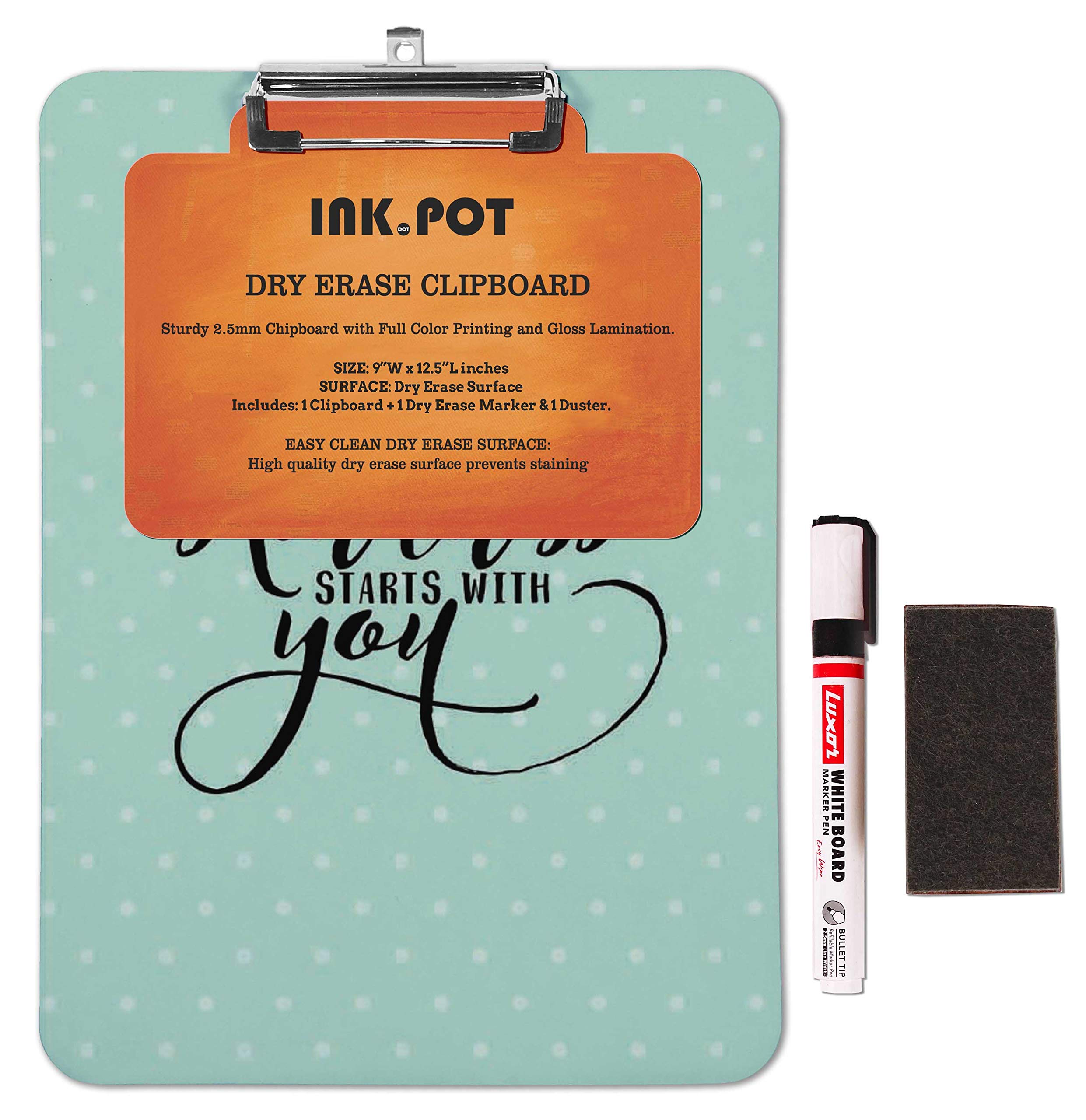 Double Sided Dry Erase Clipboard 9x12.5 - Free Marker & Duster for Office & School