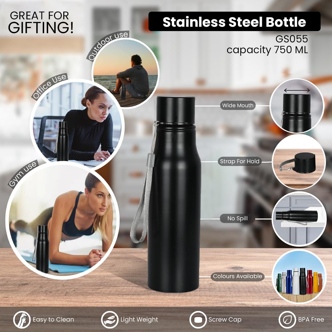 Giftana 750ml Stainless Steel Water Bottle - Insulated Single Wall for Hot & Cold Drinks - Leakproof & Durable for Office, Gym, Hiking, Travel - Perfect Gift for Men, Women, Dad (Black) | Stay Hydrated at Work, Outdoor Adventures & Daily Activities