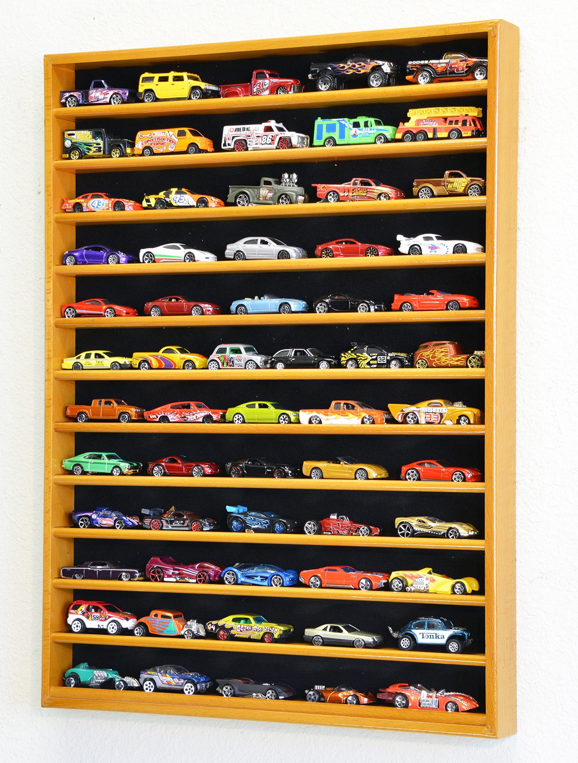 60 Hot Wheels & Matchbox 1/64 Scale Diecast Model Cars Display Case - Oak Wood Finish Collector's Storage for Toy Car Collection - Perfect for Showcase, Playroom Decor & Gift for Car Enthusiasts