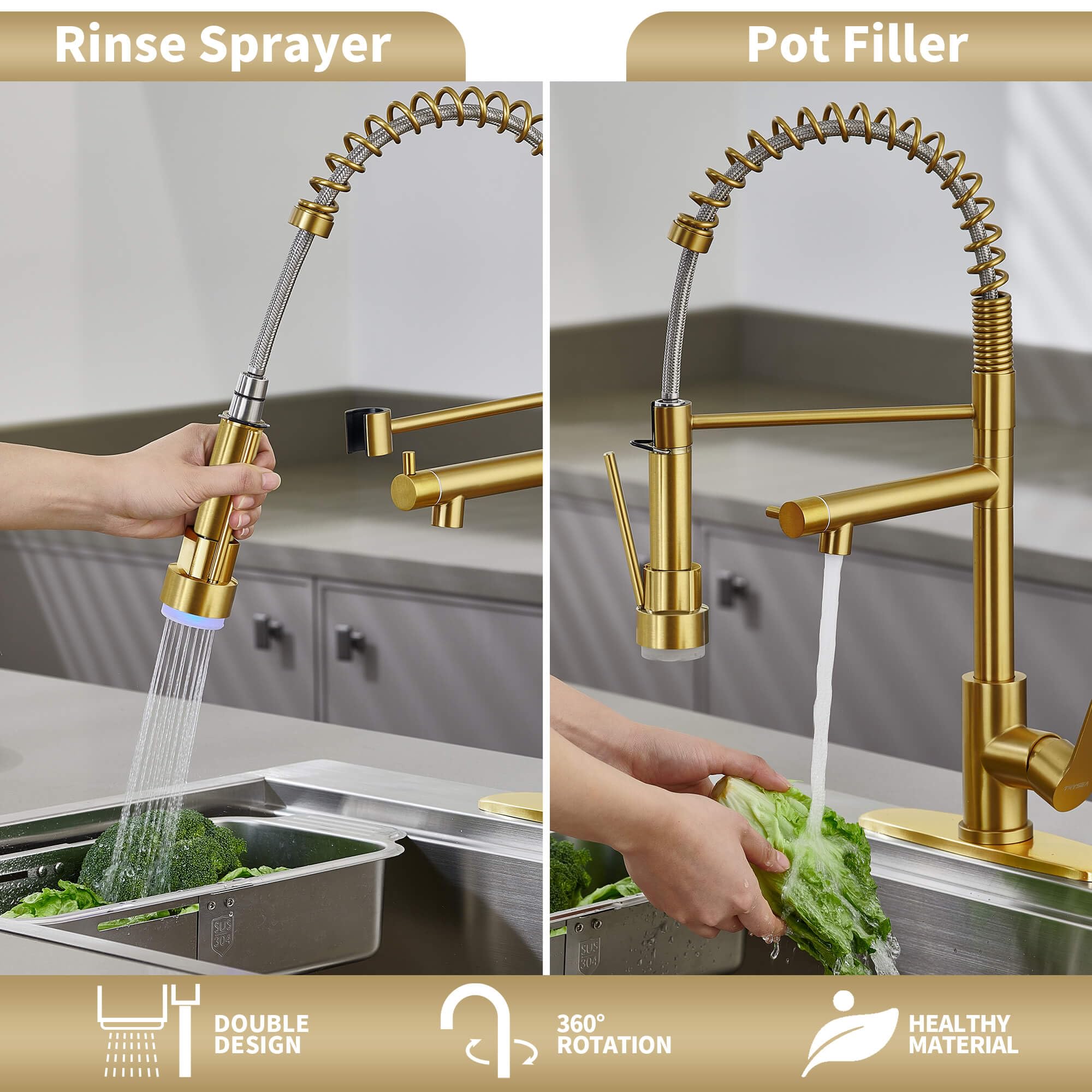 Modern Stainless Steel Kitchen Faucet with Pull Down Sprayer & LED Light - Brushed Gold Dual Spout Sink Faucet with Pot Filler - Perfect for Cooking, Washing Dishes & Filling Pots in Contemporary Kitchens